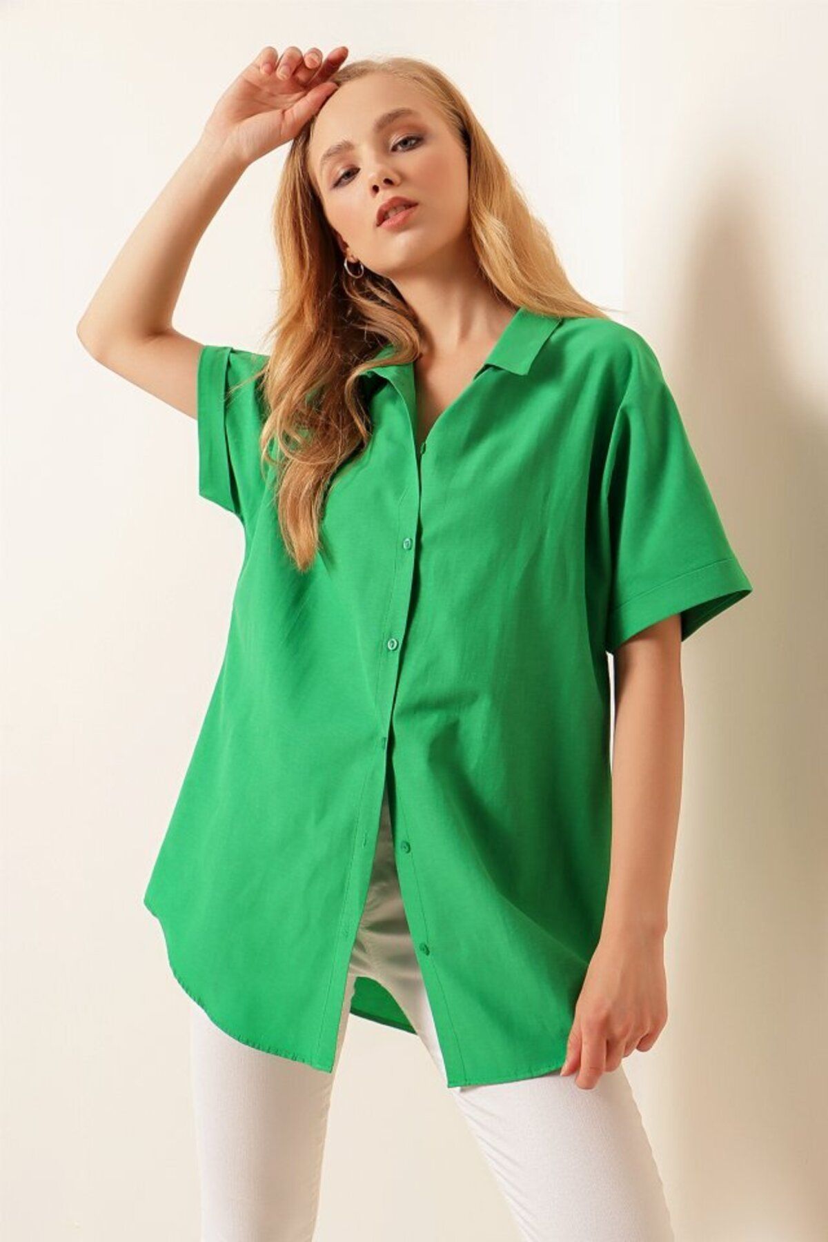 Şair 20120 Oversize Kısa Kollu Gömlek - Yeşil