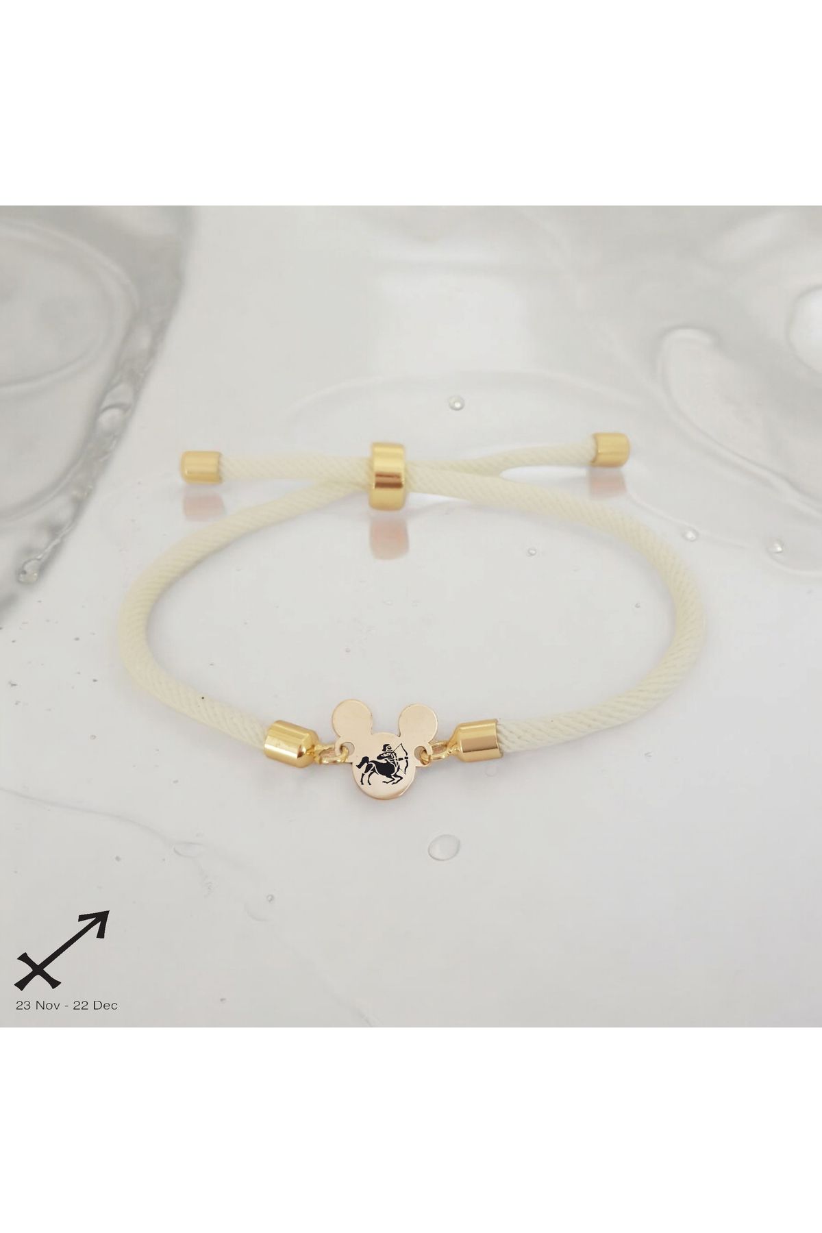 ARCHINO GOLD 14 Ayar Altın Plakalı Mickey Mouse Motifli Örgülü Bayanlara Yay Burcu Bilekliği-430burç-beyaz