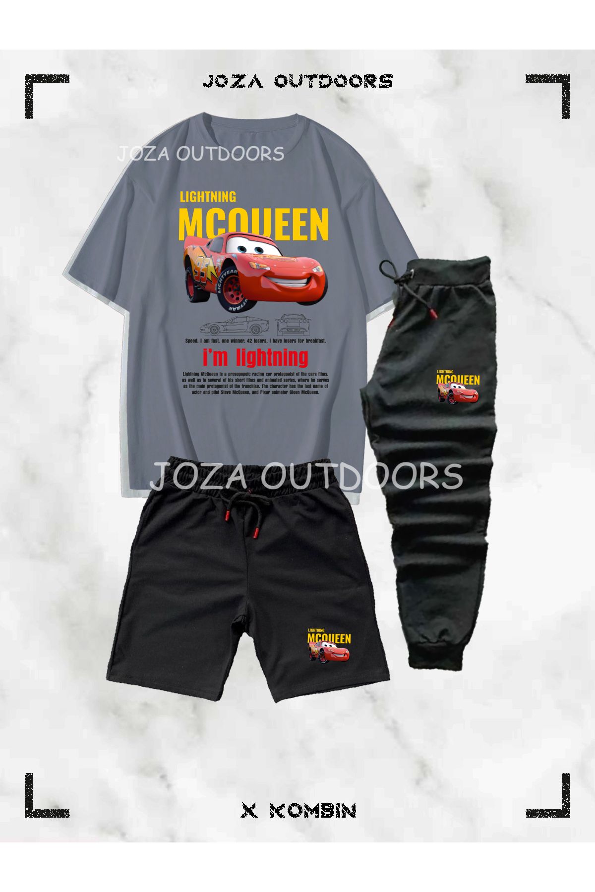 Jobia Outdoors Erkek Renkli Mcqueen Baskılı 3'lü Kombin Takım ( Oversize tişört-şort-eşofman Altı)