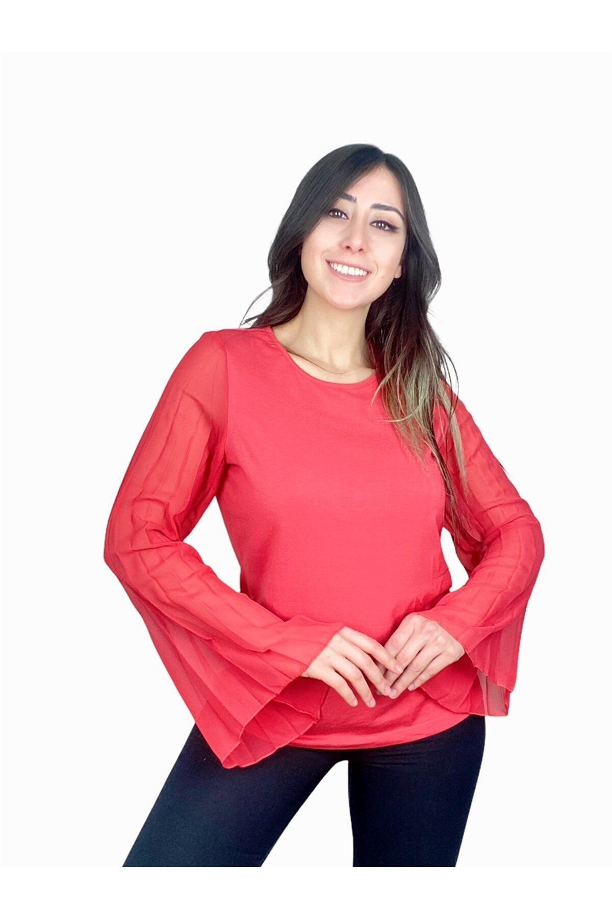 MAMAYAGA Kadın Nar Çiçeği Turuncu Kolları Tül Detaylı Büyük Beden Şık Bluz
