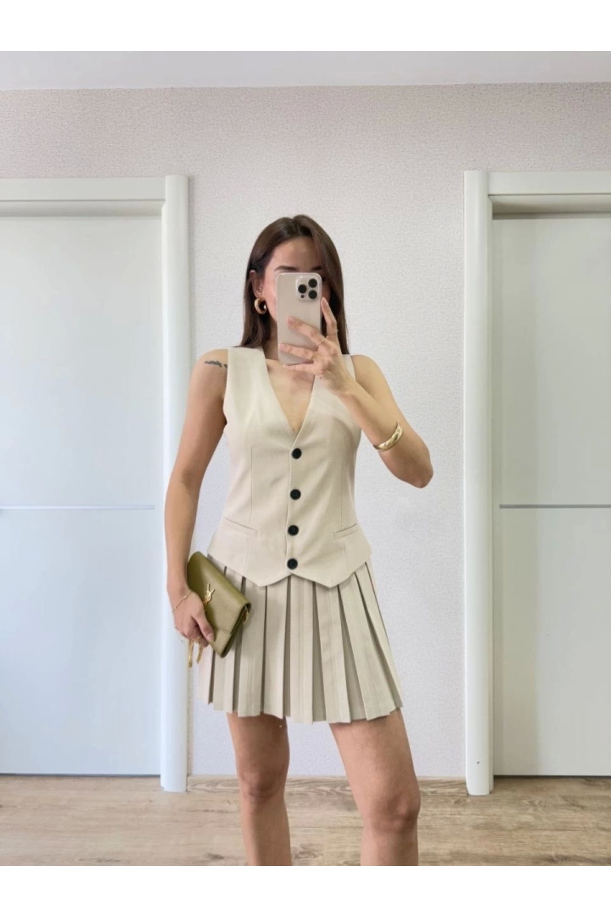Butik Takım Görünümlu Yelekli Mini Elbise- Bej