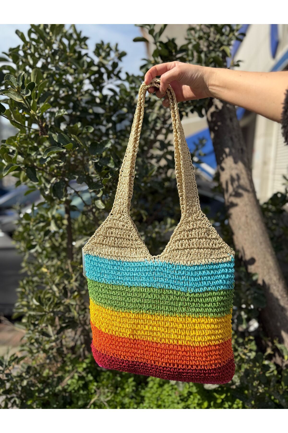 MARBERRY Çok Renkli El Örgüsü Gökkuşağı Şeritli Hasır Kadın Çanta