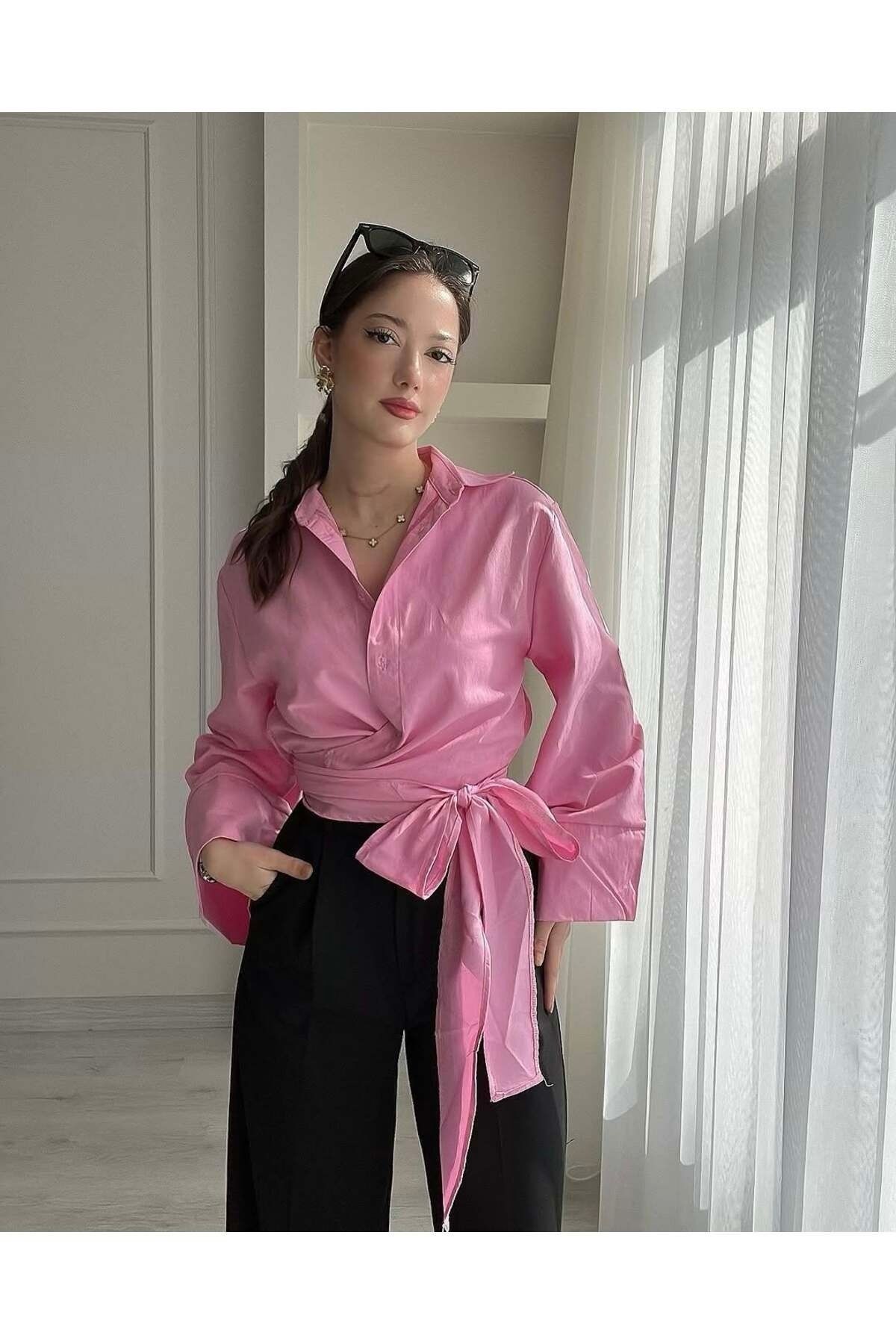 disponible Pembe Yandan Bağlamalı Uzun Kol Crop Kadın Gömlek