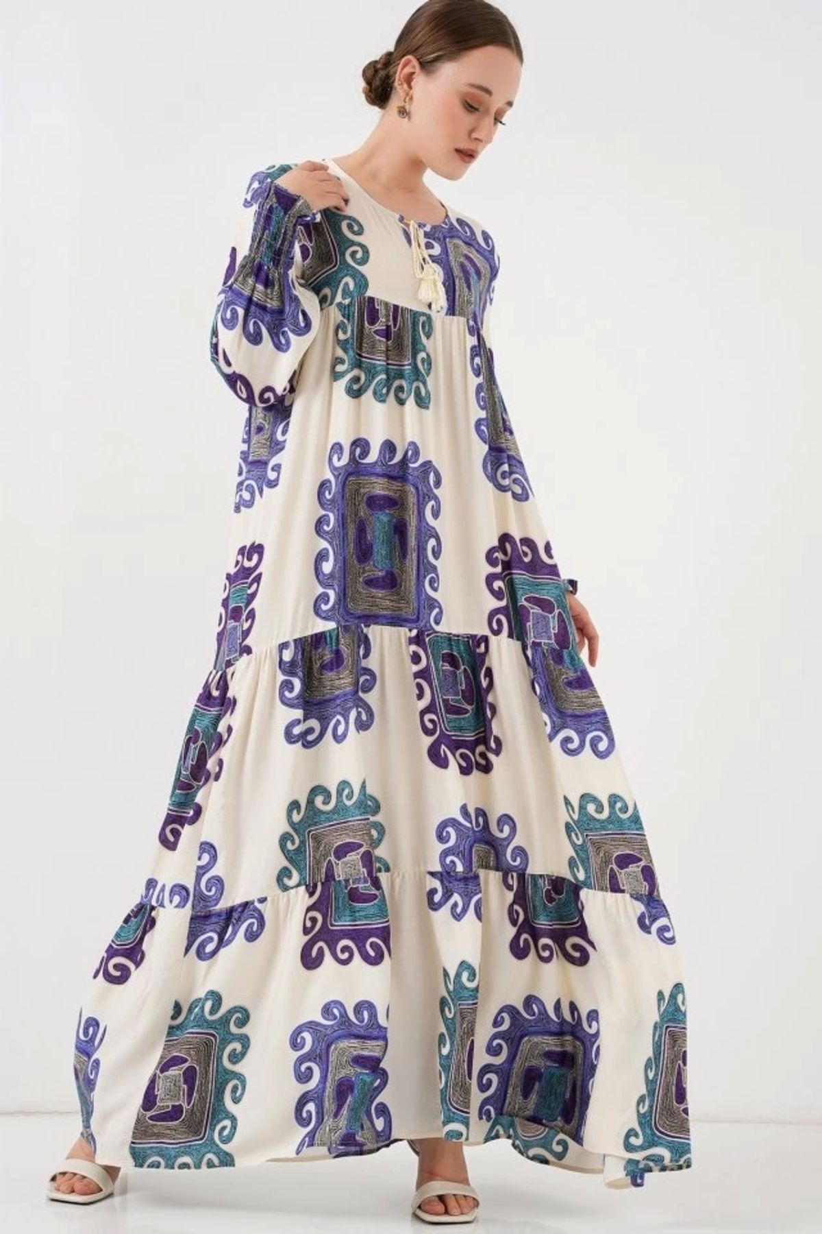 Butik 1947 Desenli Uzun Elbise - B.Lila