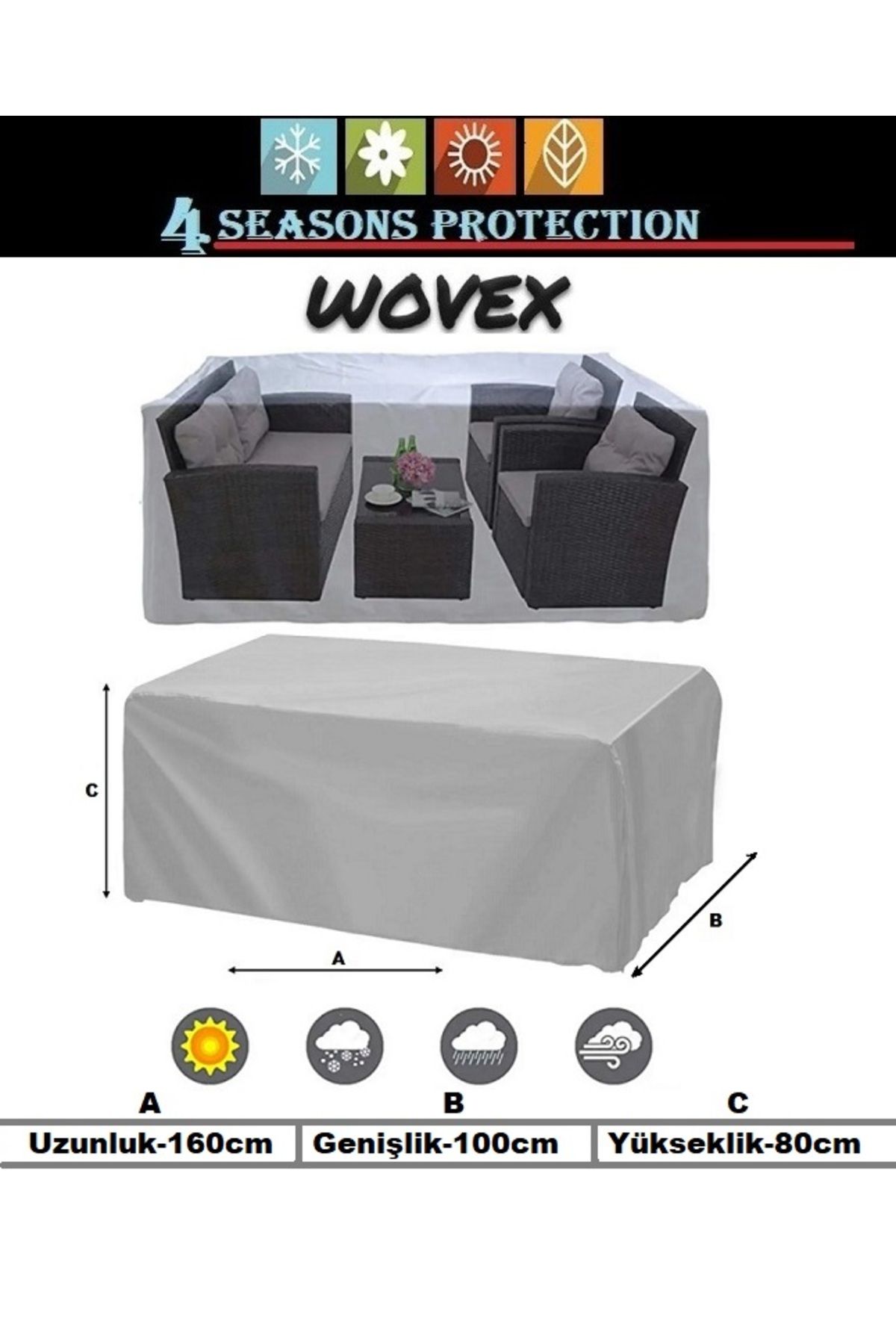 Genel Markalar Premium Kalın Bahçe Mobilya Brandası 160x100x80 Cm Masa Sandalye Koruma Örtüsü Gri Su Geçirmez