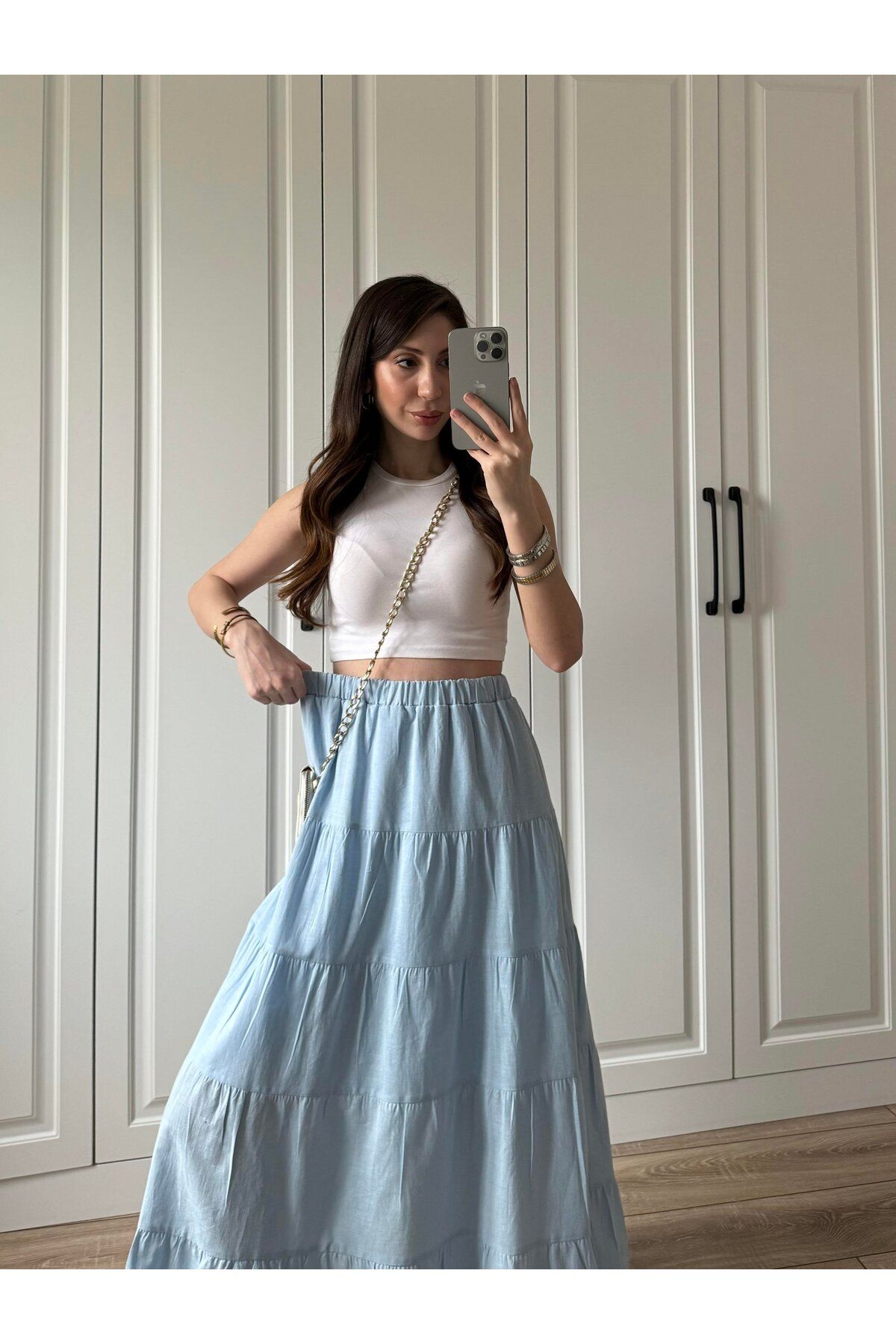 disponible Kadın Parçalı Model Popüler Beli Lastikli Uzun Müslin Etek