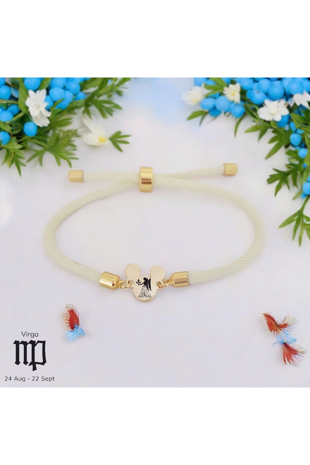 ARCHINO GOLD Örgülü Mickey Mouse Motifli 14 Ayar Altın Plakalı Bayanlara Başak Burcu Bilekliği-430burç-beyaz