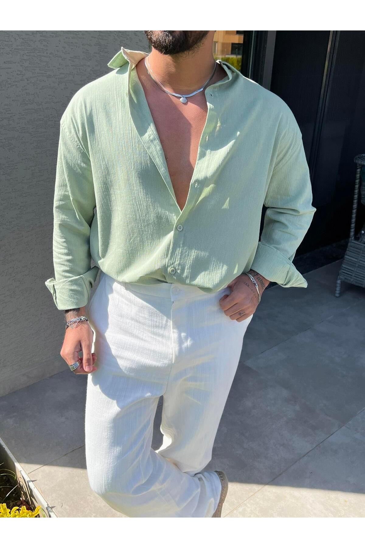 Elzem İnce Basic Keten Oversize Gömlek Mint