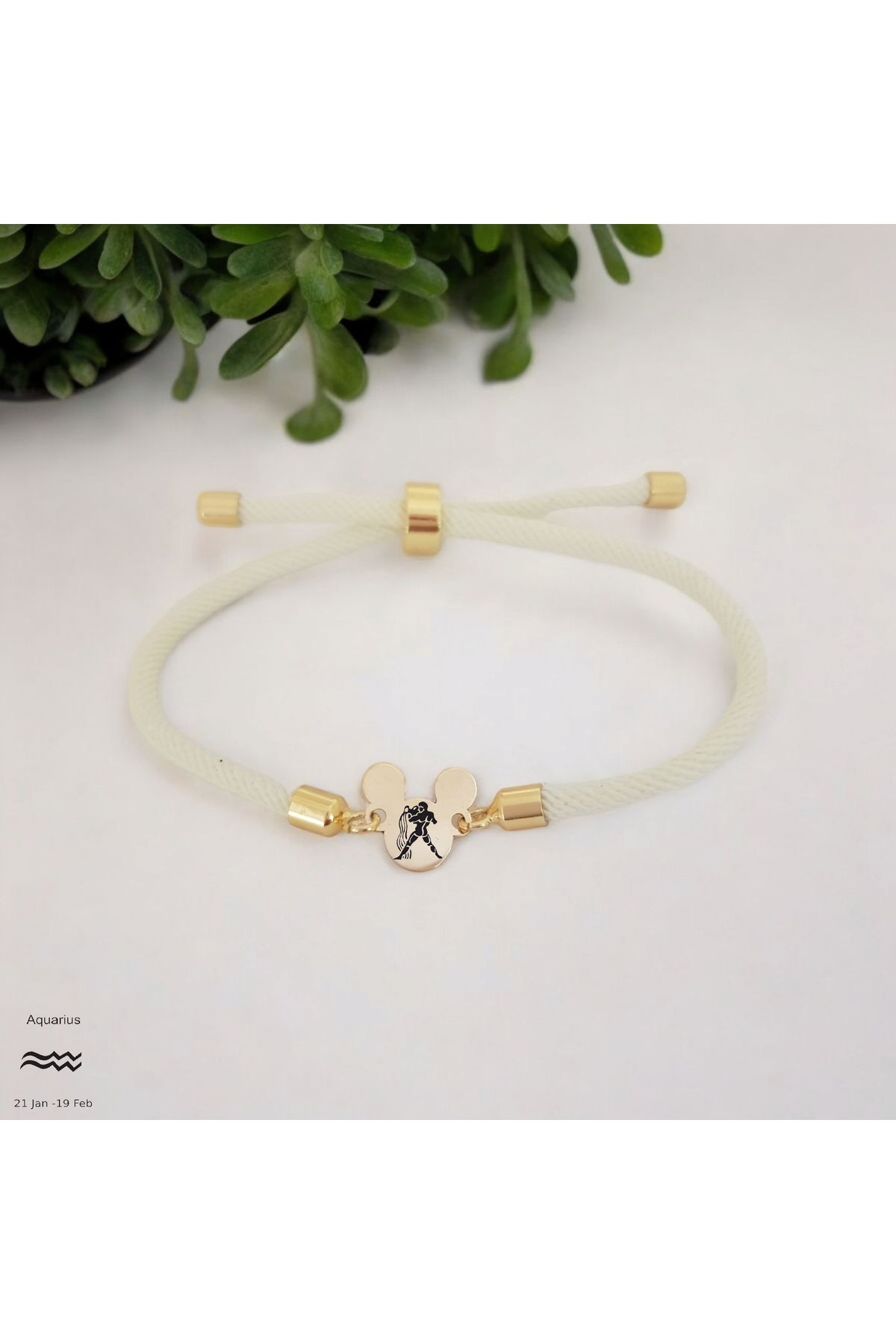 ARCHINO GOLD Mickey Mouse Motifli Örgülü 14 Ayar Altın Plakalı  Kova Burcu Bilekliği-430burç-beyaz