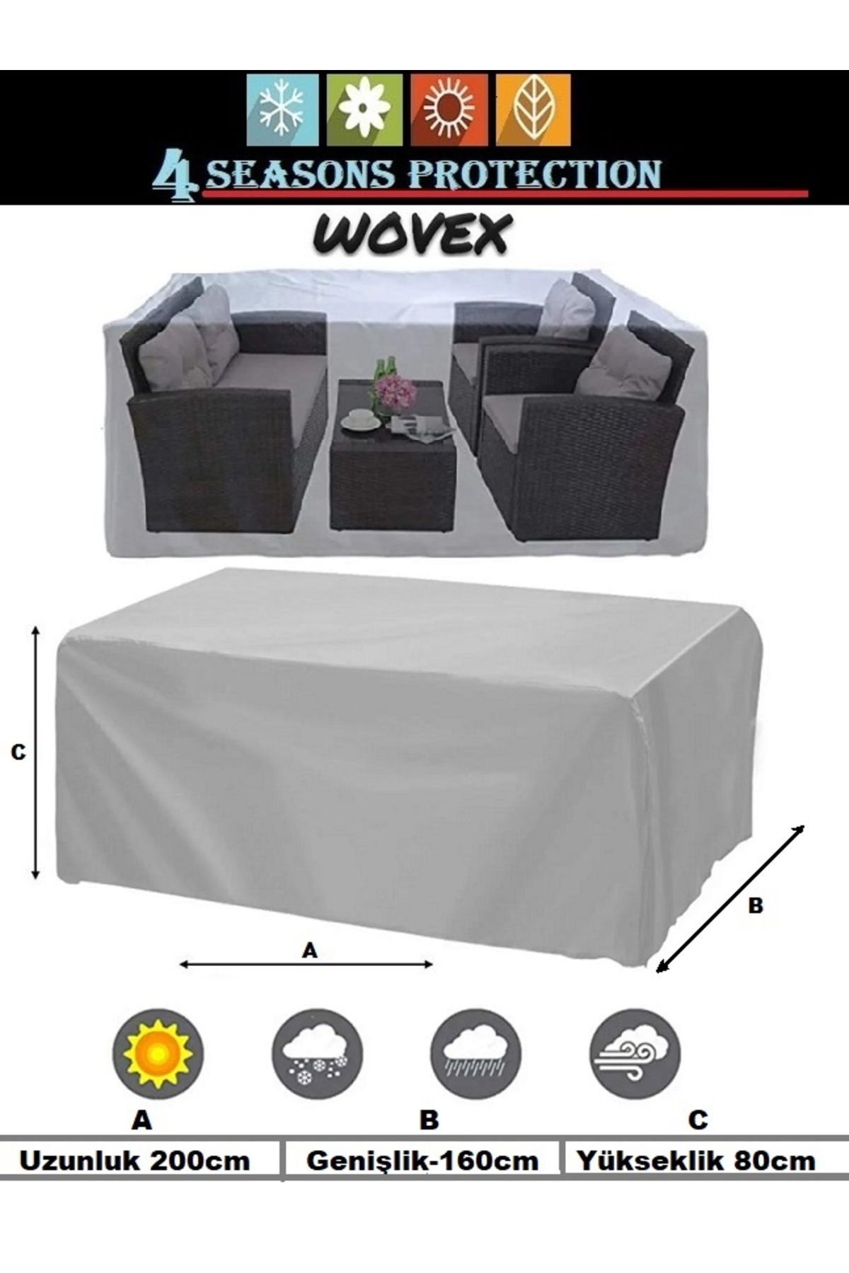 wovex Premium Kalın Bahçe Mobilya Brandası 200x160x80 Cm Masa Sandalye Koruma Örtüsü Kılıf Gri Su Geçirmez