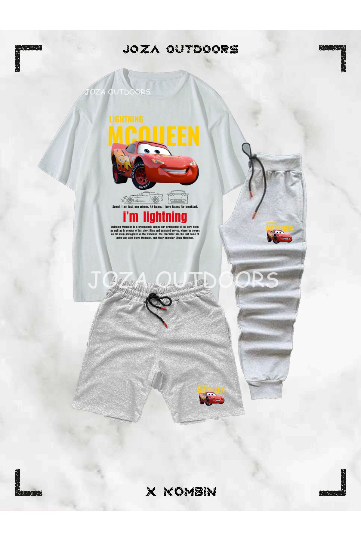 Jobia Outdoors Erkek Renkli Mcqueen Baskılı 3'lü Kombin Takım ( Oversize tişört-şort-eşofman Altı)