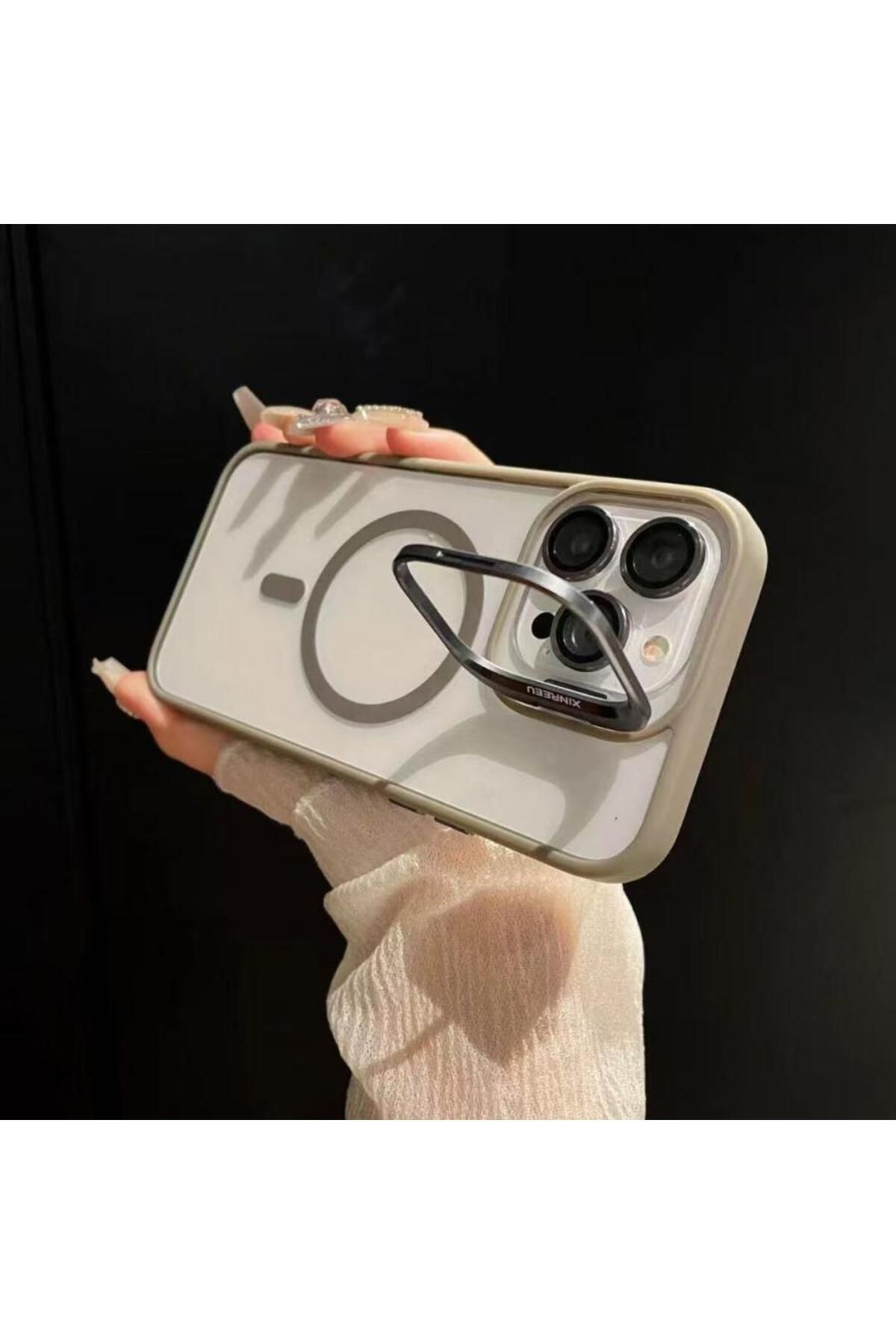 ERMER Iphone 15 Promax İçin Kamera Koruma Lensli Stant Çerçeveli Fusion Kapak Kılıf