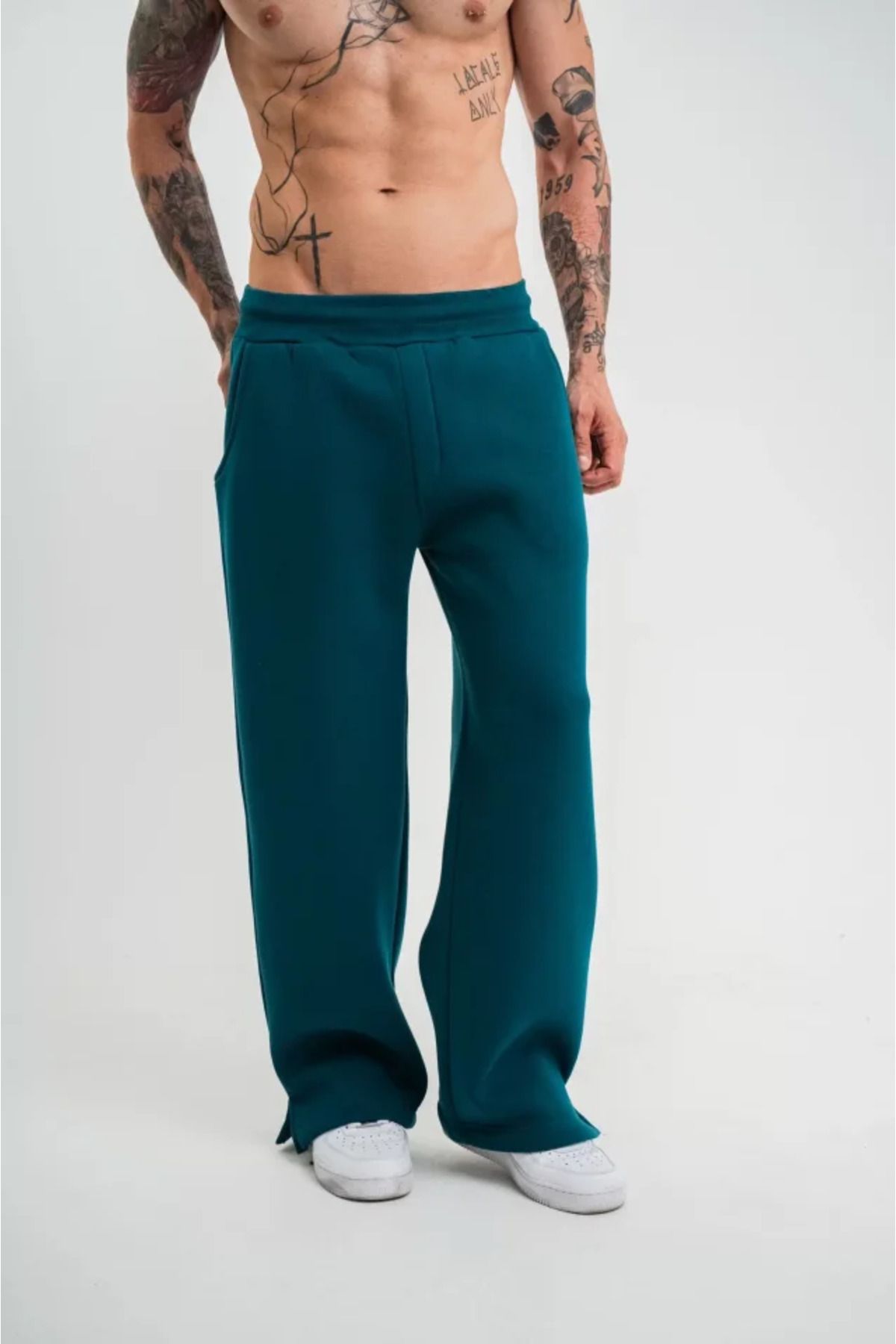 MODA Unisex Boru Paça Baggy Eşofman Pantalon - Koyu Deniz Yeşili