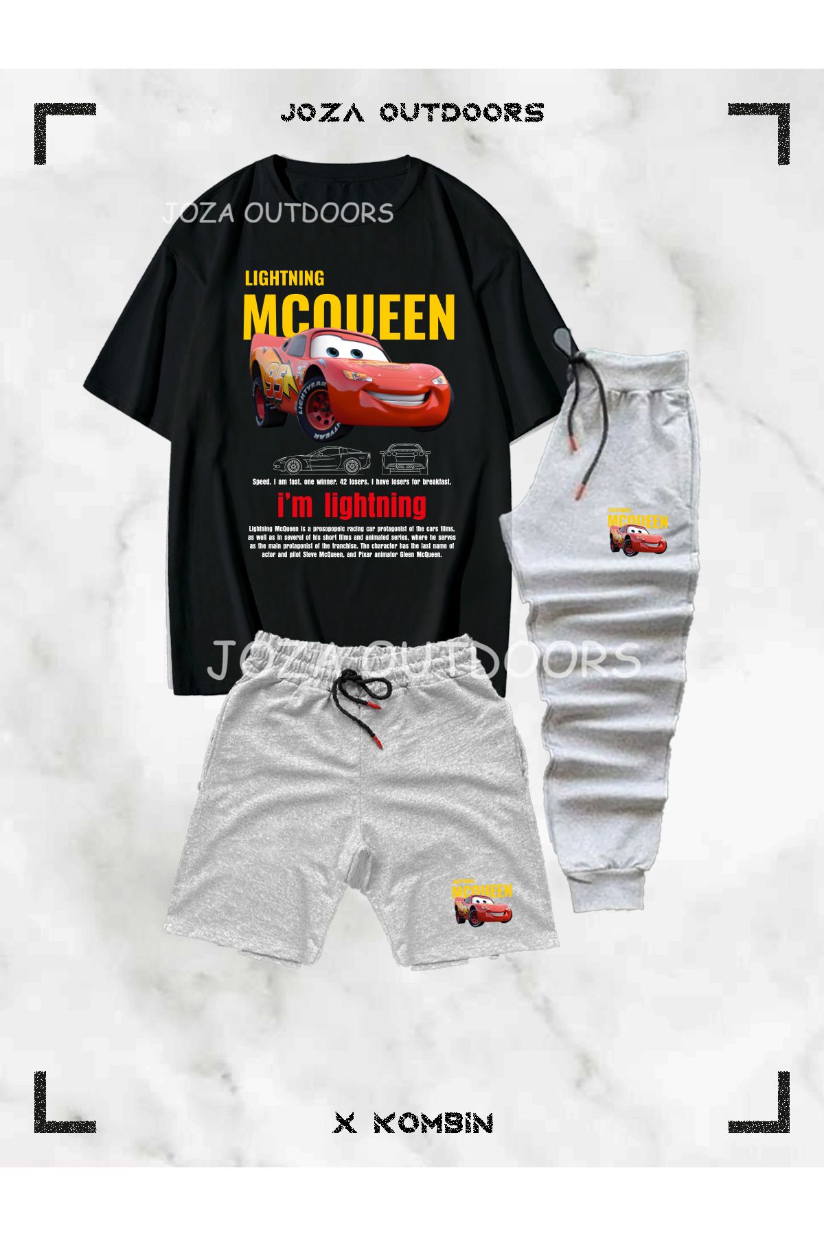 Jobia Outdoors Erkek Renkli Mcqueen Baskılı 3'lü Kombin Takım ( Oversize tişört-şort-eşofman Altı)