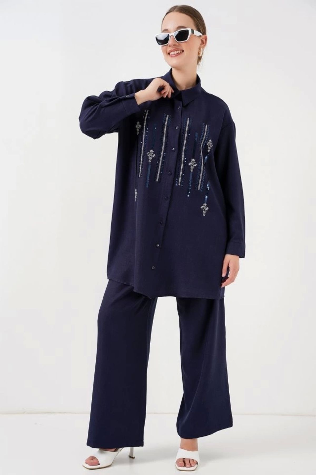 Butik Desenli Tunik Pantolon İkili Takım 6720 - Lacivert