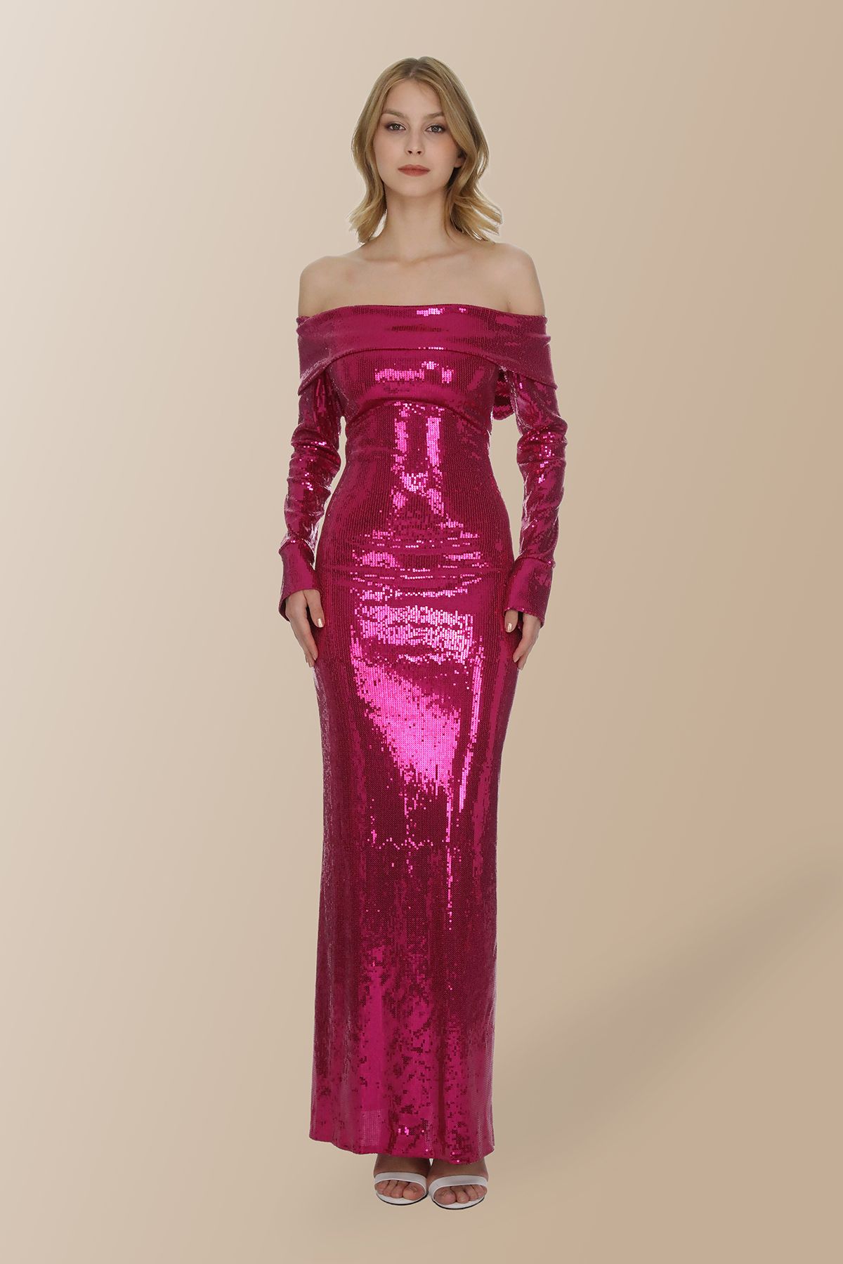 Elif Naz Moda Evi fuşya payetli carmen yaka uzun kollu uzun elbise