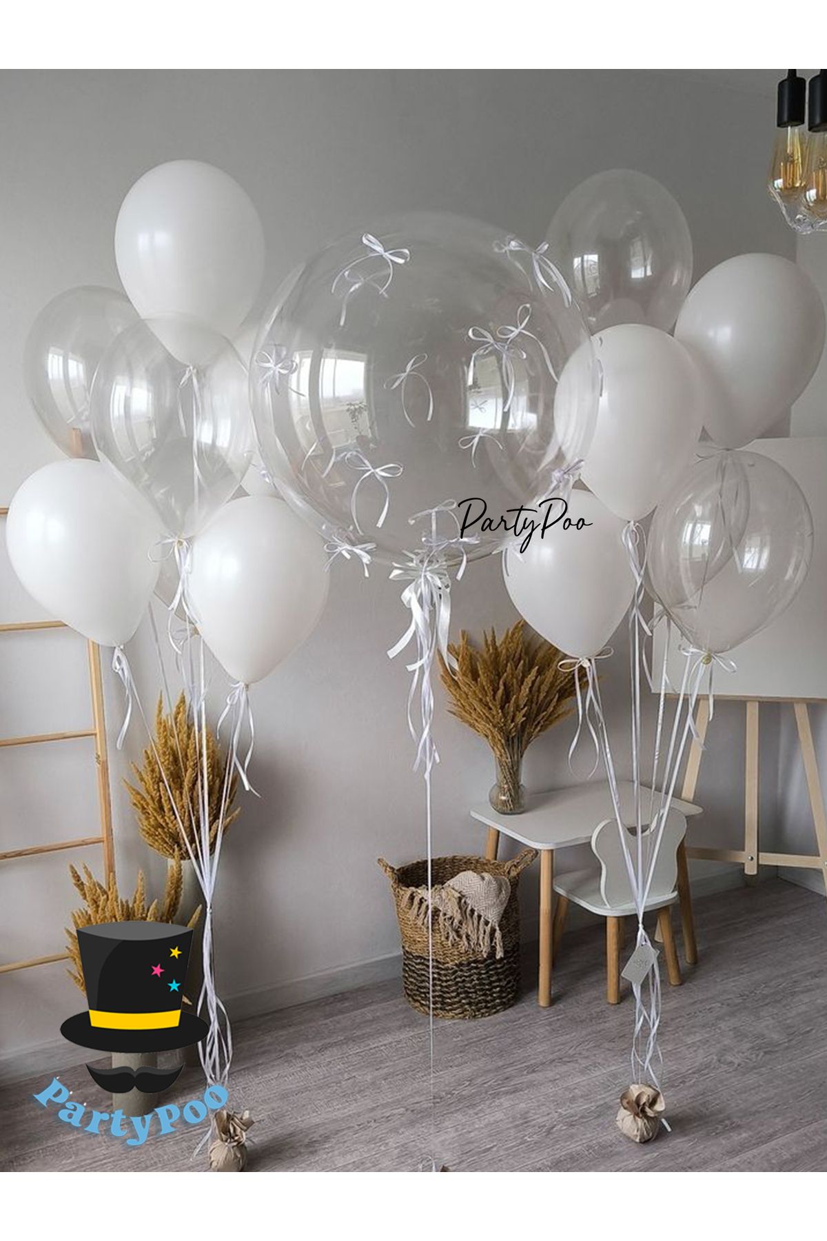 PartyPoo Beyaz Fiyonk Kurdeleli Bobo ve Beyaz-Şeffaf Balon Seti 10'lu Doğum Günü Parti Seti
