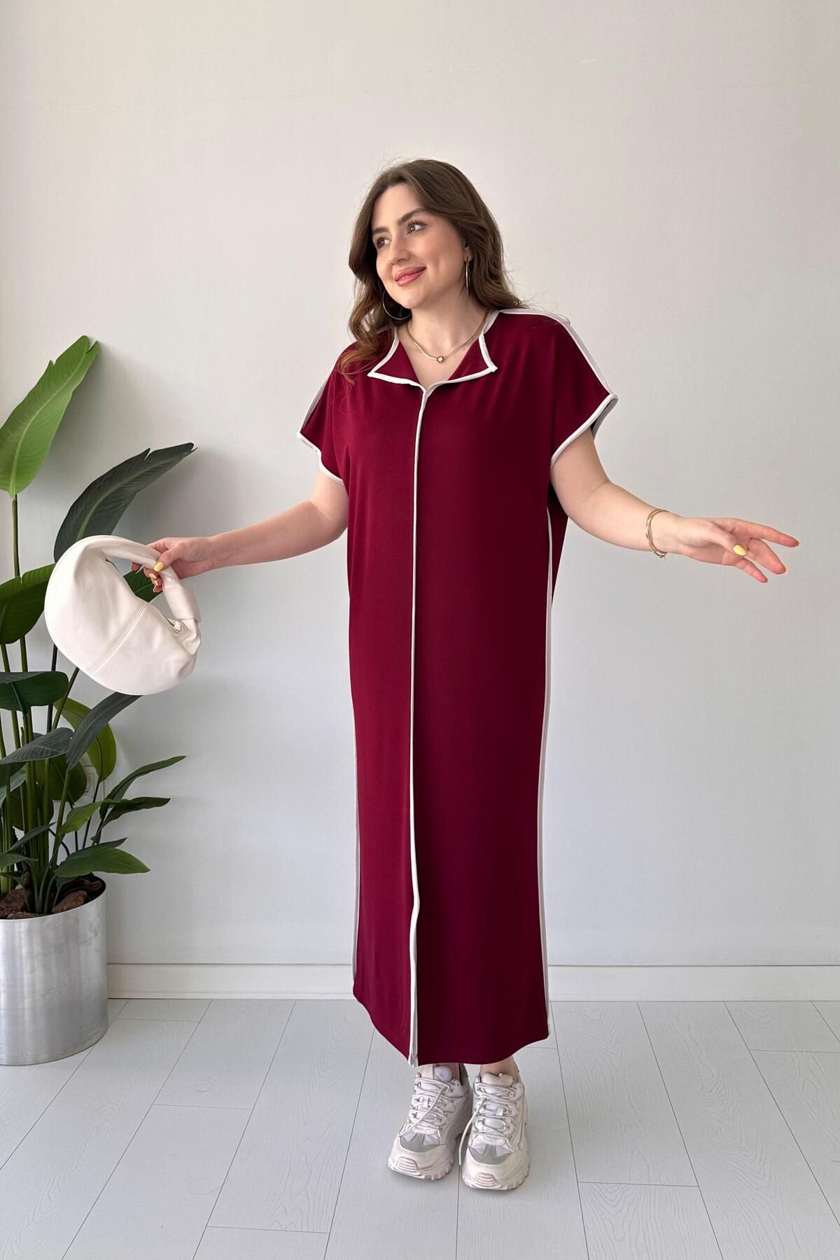 MaziButik Kenar Biyeli Modal Elbise Bordo