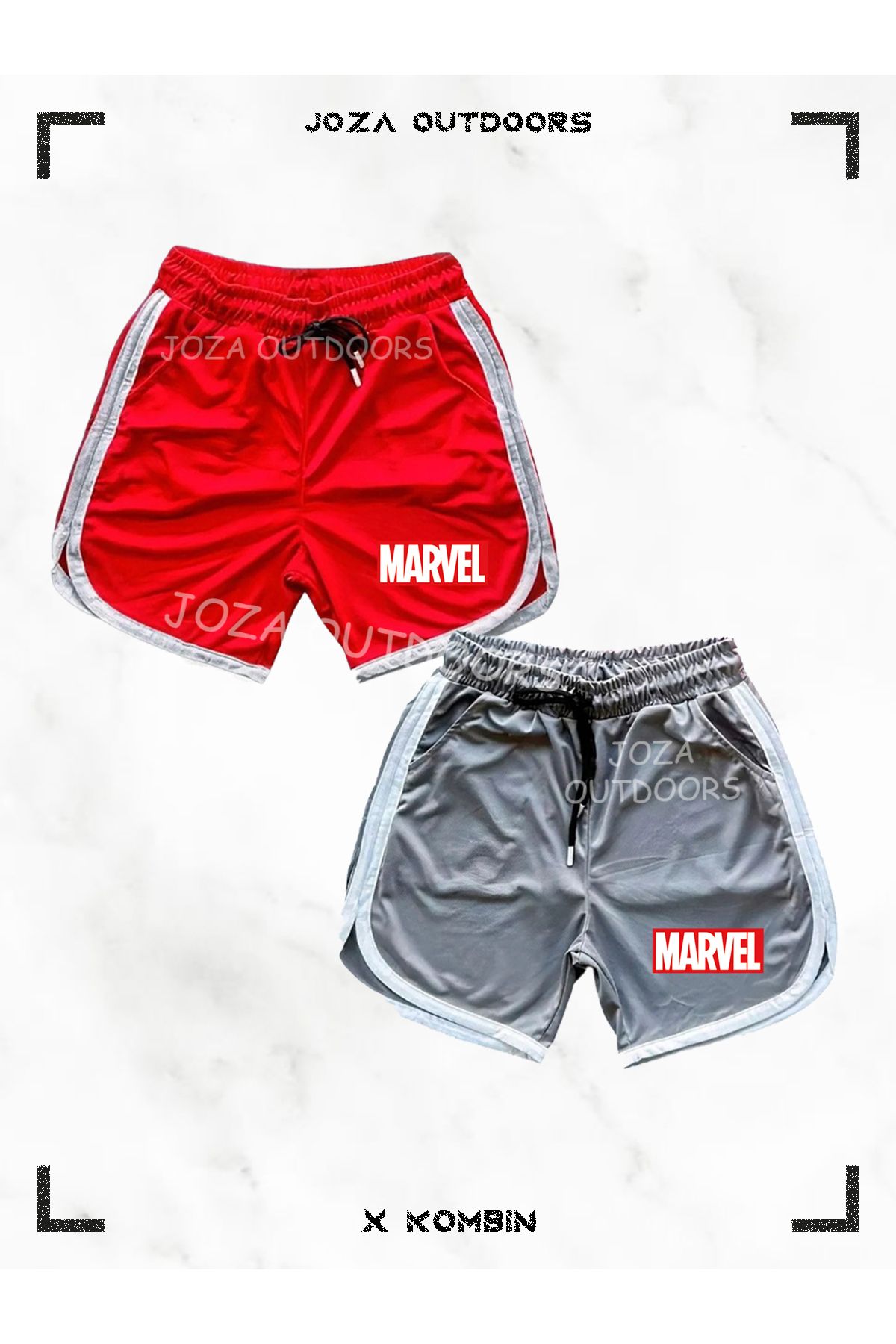 Joza Outdoors Kırmızı-Gri Marvel Baskılı File Basketbol Antreman Sporcu Şortu Çizgi Detaylı 2'li Set