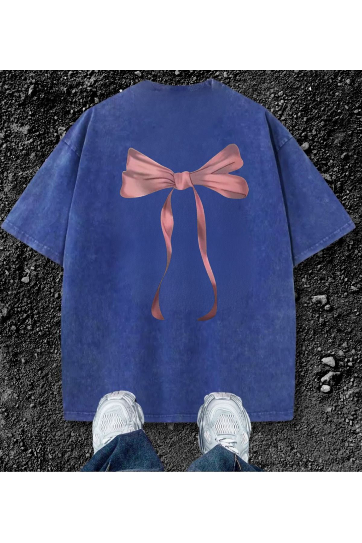 Touz Moda Sırt Baskılı Fiyonk Yıkamalı Oversize Vintage Tshirt
