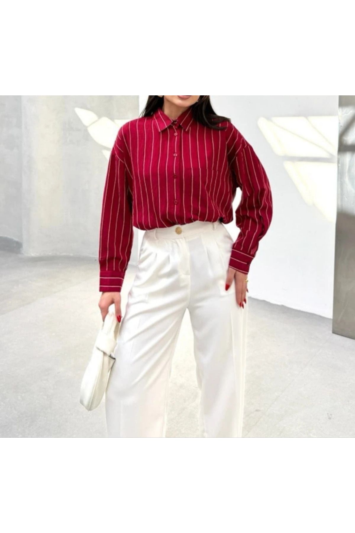 MODA Oversize Kadın Çizgili Tek Cepli Pamuklu Gömlek