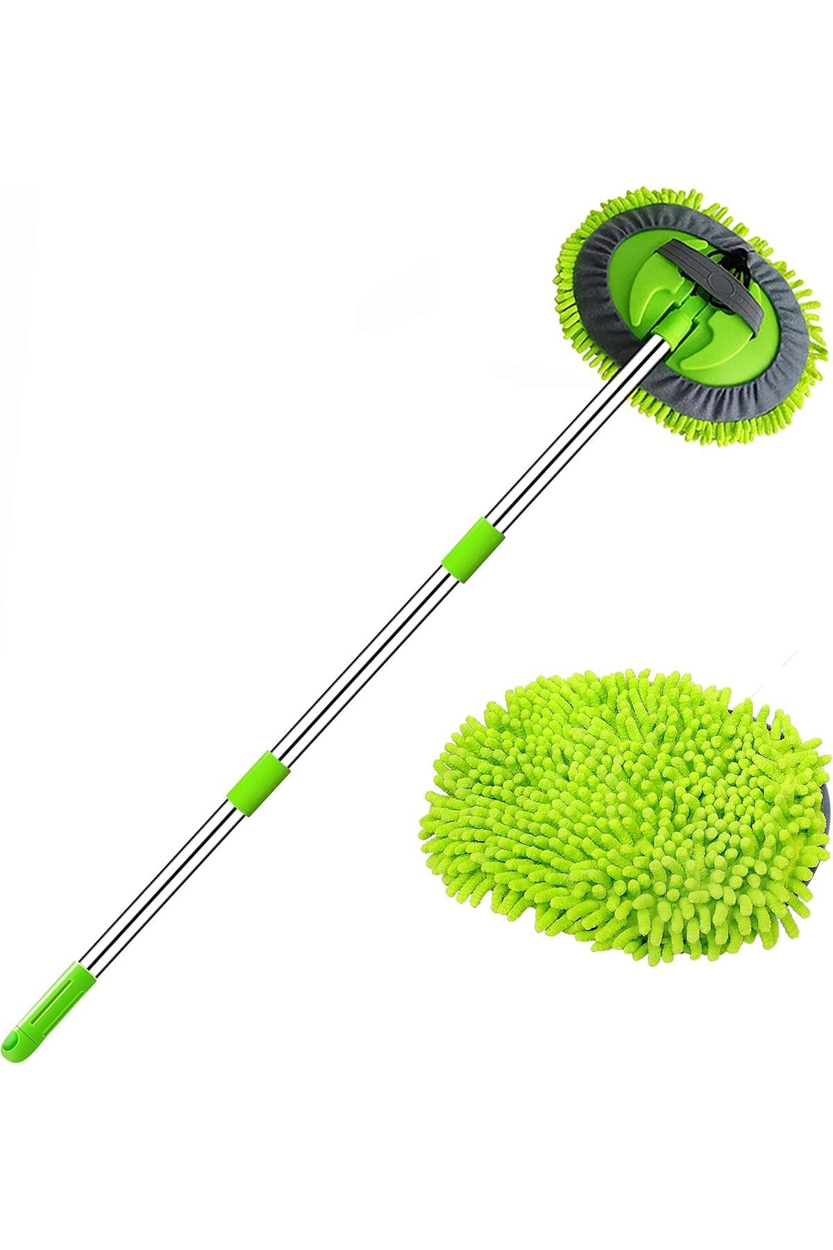Busstier Uzun Saplı 2'si 1 Arada Mikrofiber Araba Yıkama Fırçası Mop Seti + 1 Yedek Başlık Hediye