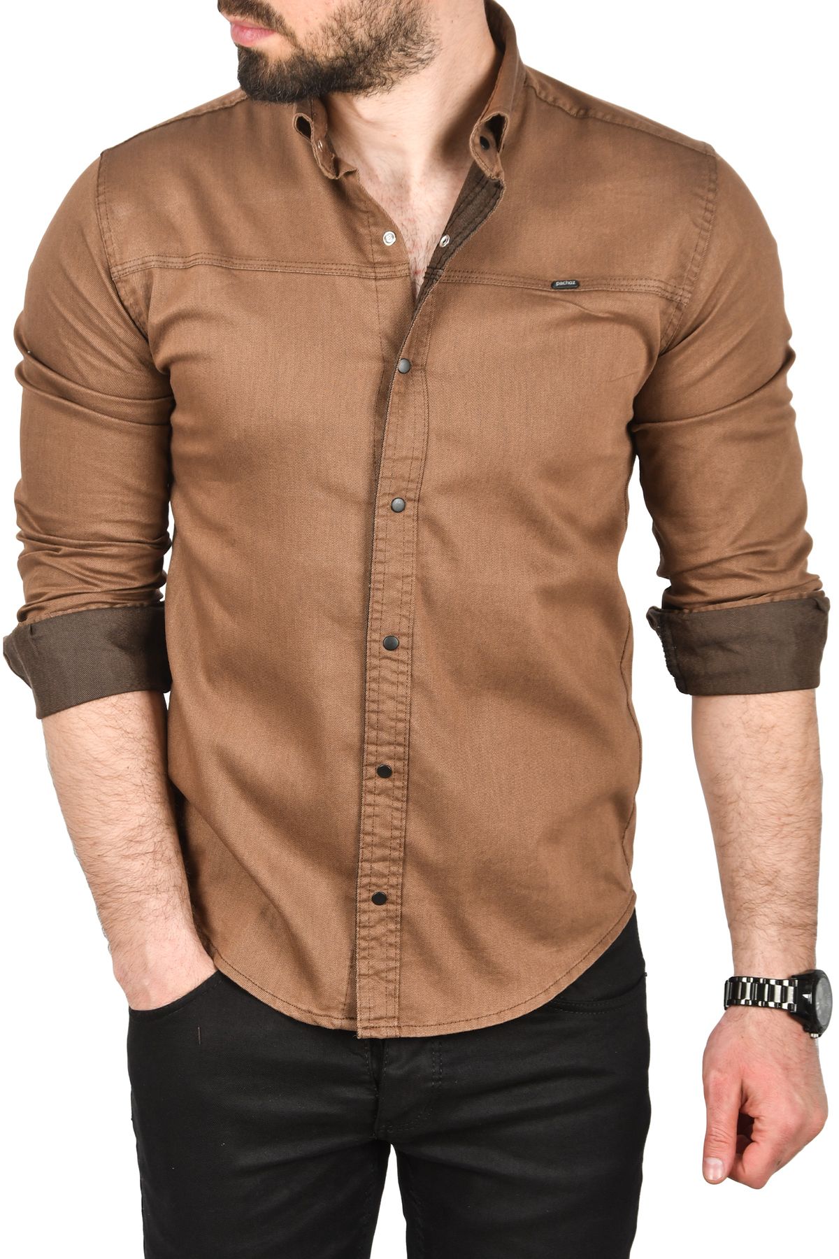 Rizz up Erkek Kahve Slim Fit Pamuklu Kot Gömlek Kolay Ütülenebilir Çıt Çıtlı Likralı Spor Gömlek 2502504