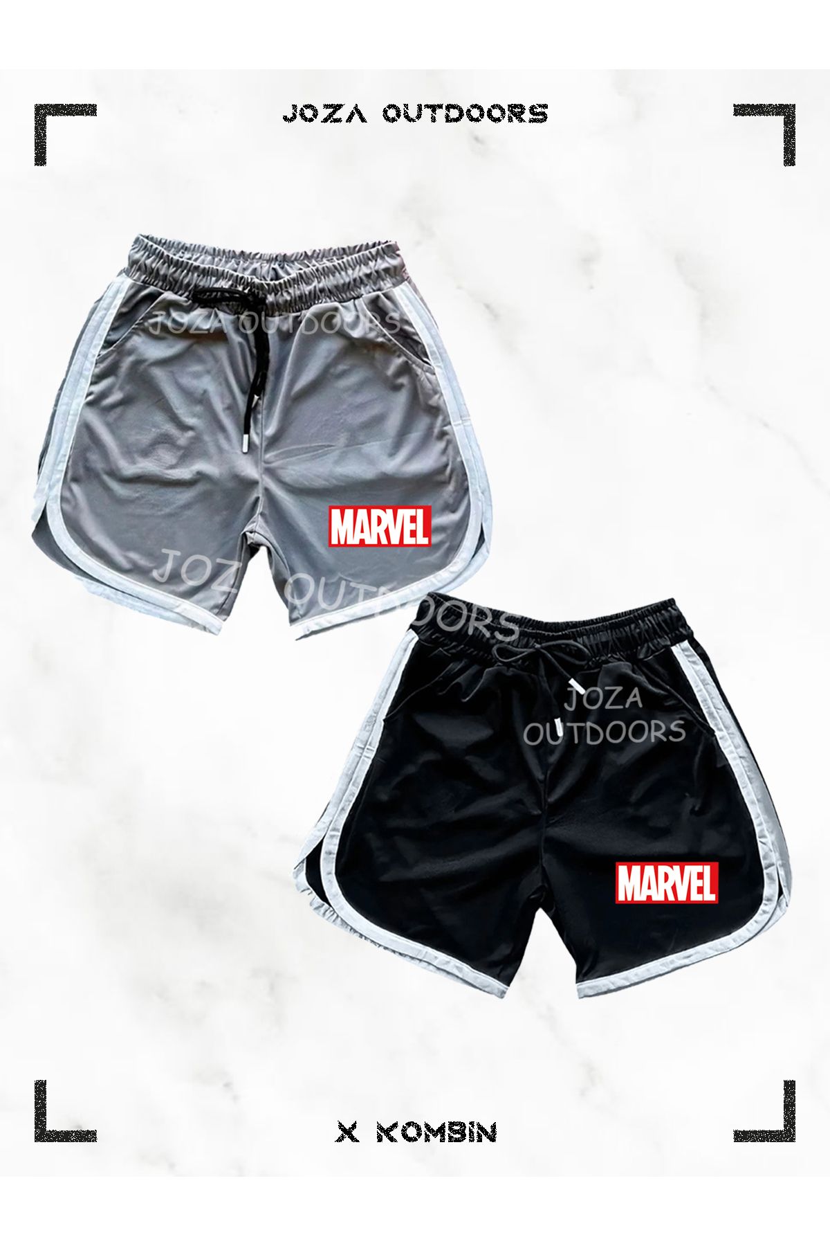 Joza Outdoors Gri-Siyah Marvel Baskılı File Basketbol Antreman Sporcu Şortu Çizgi Detaylı 2'li Set
