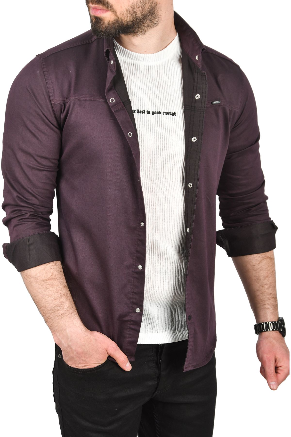 Rizz up Erkek Mürdüm Slim Fit Pamuklu Kot Gömlek Kolay Ütülenebilir Çıt Çıtlı Likralı Spor Gömlek 2502504