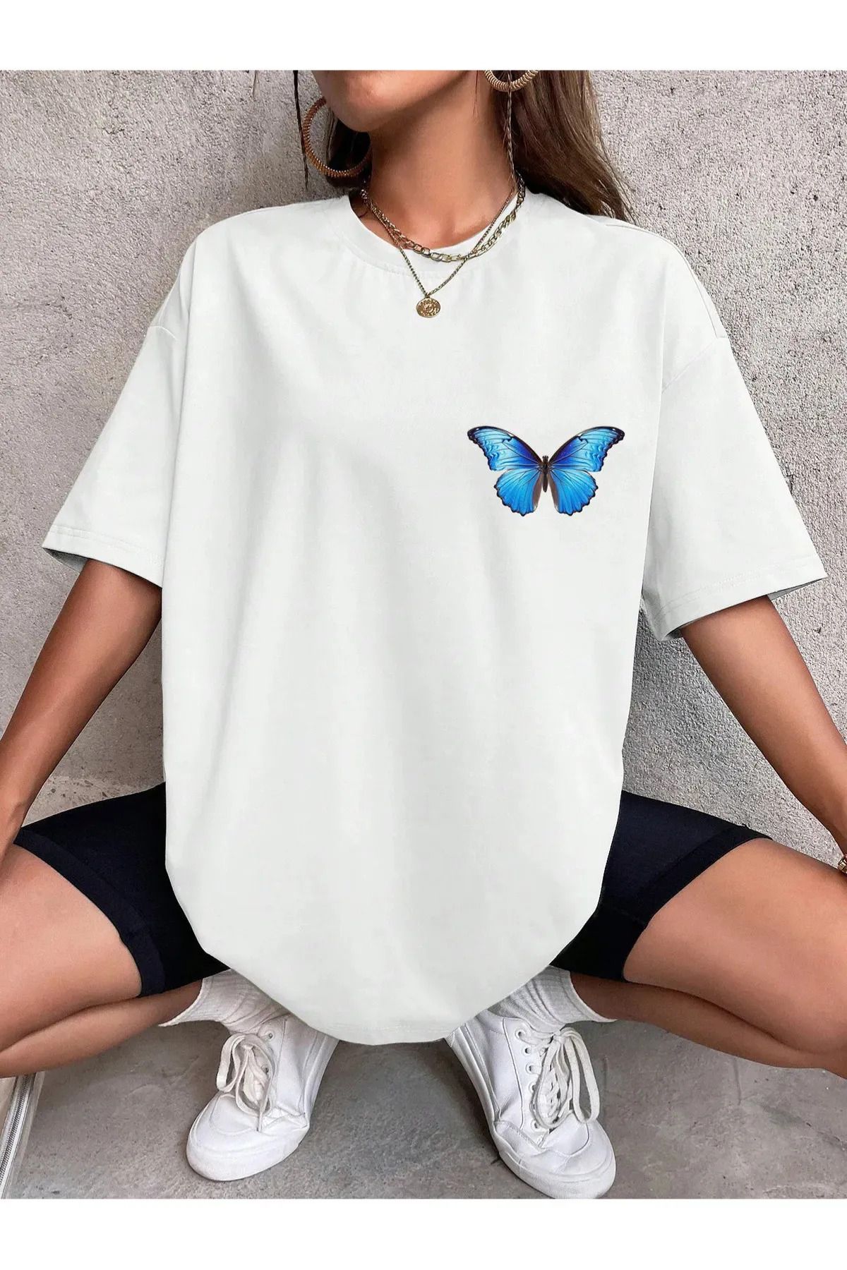 FeaR LeeS Mavi Kelebek Baskılı Oversize T-shirt
