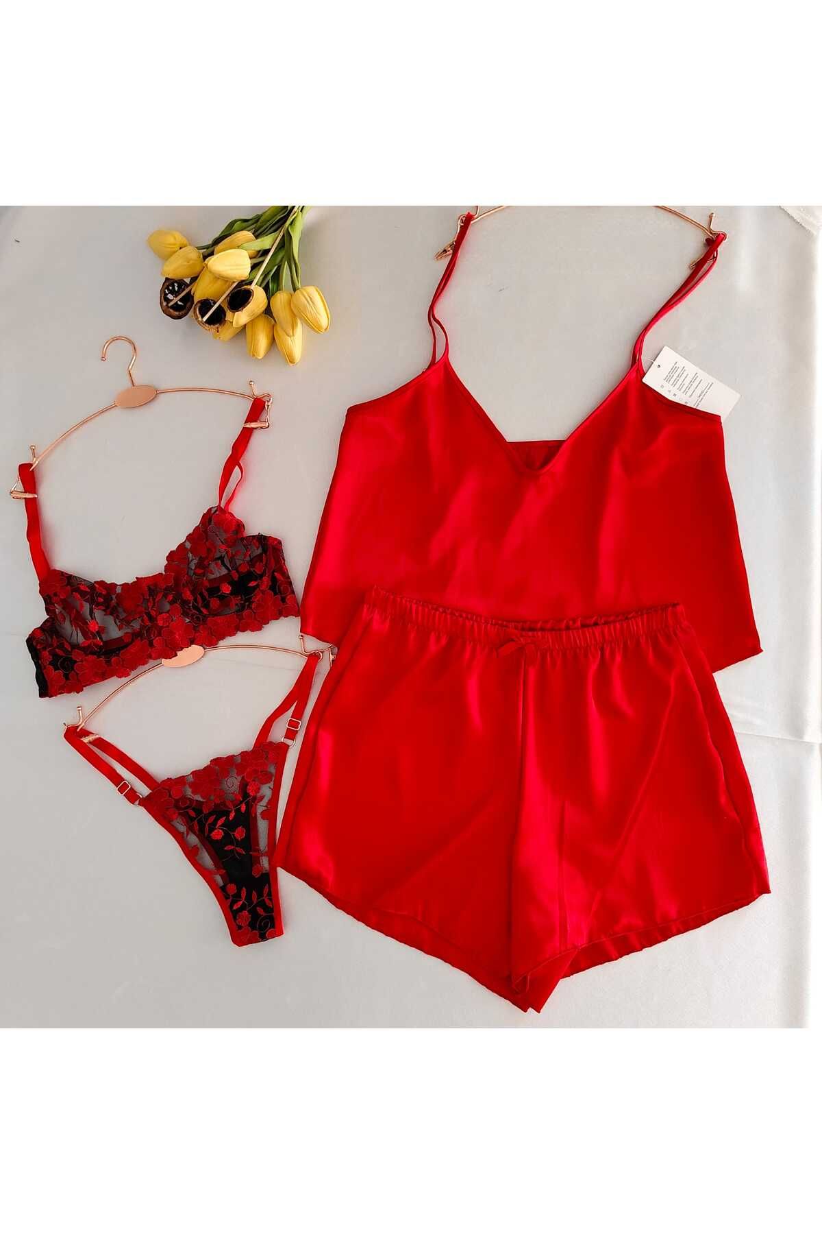 KARMA KONSEPT 4'lü Saten Şortlu Pijama Takımı Ve Bralet Sütyen Takımı