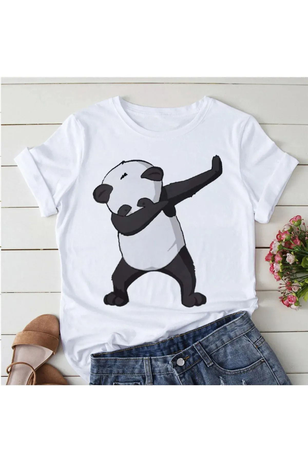 FeaR LeeS Panda Yoga Baskı Sevimli Kadın T-shirt