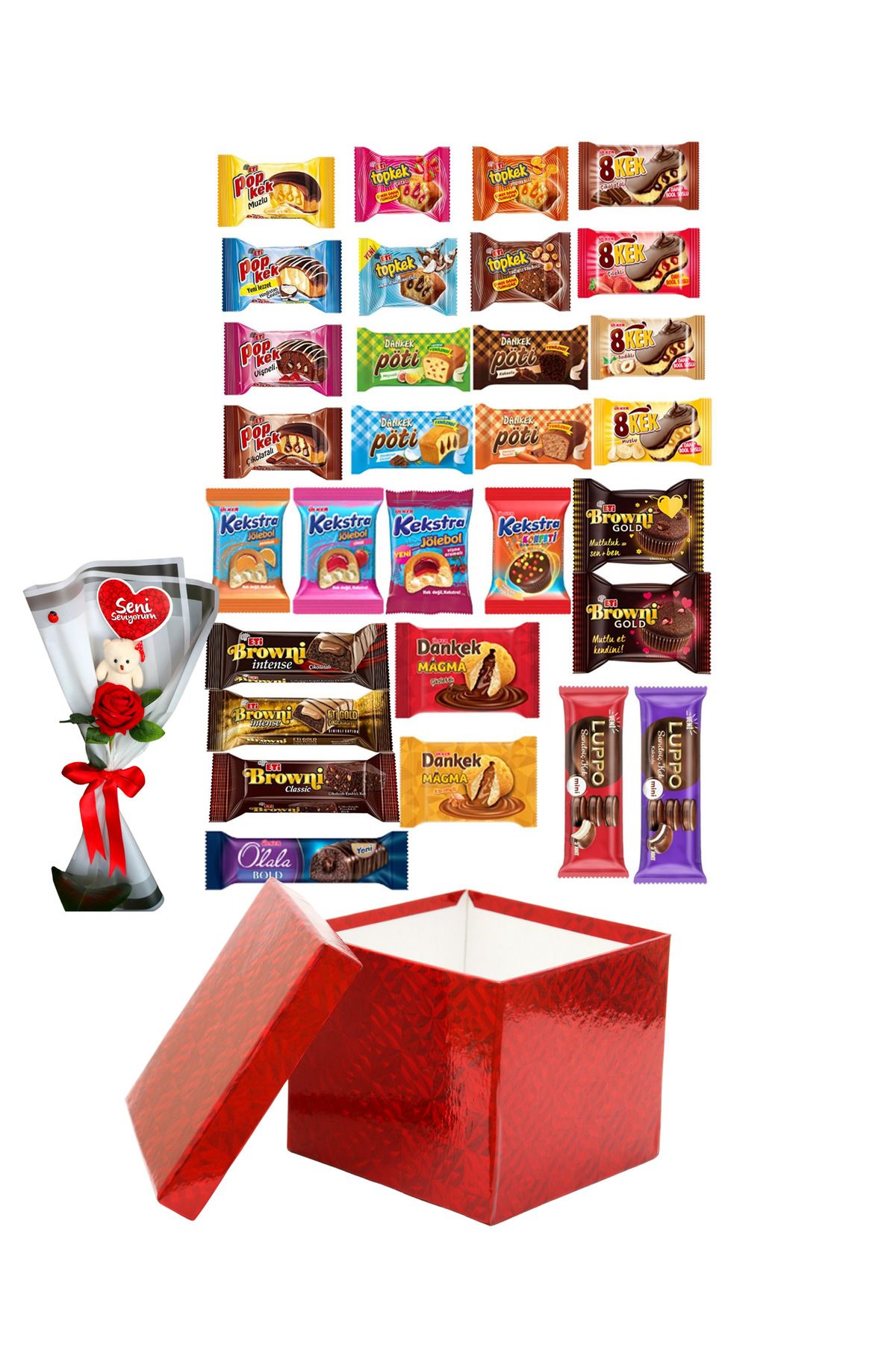 KibarGsmMarket HEDİYELİK GÜL&MİNİ AYICIK BUKETLİ EXTRA ATIŞTIRMALIK PAKETİ