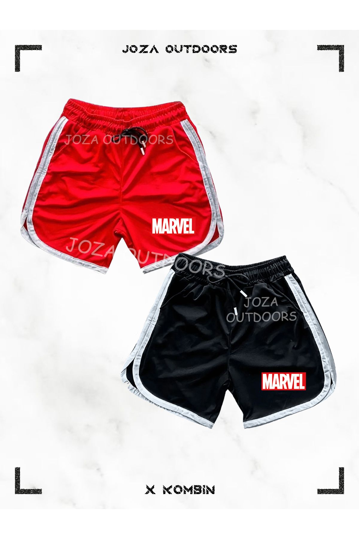 Joza Outdoors Kırmızı-Siyah Marvel Baskılı File Basketbol Antreman Sporcu Şortu Çizgi Detaylı 2'li Set