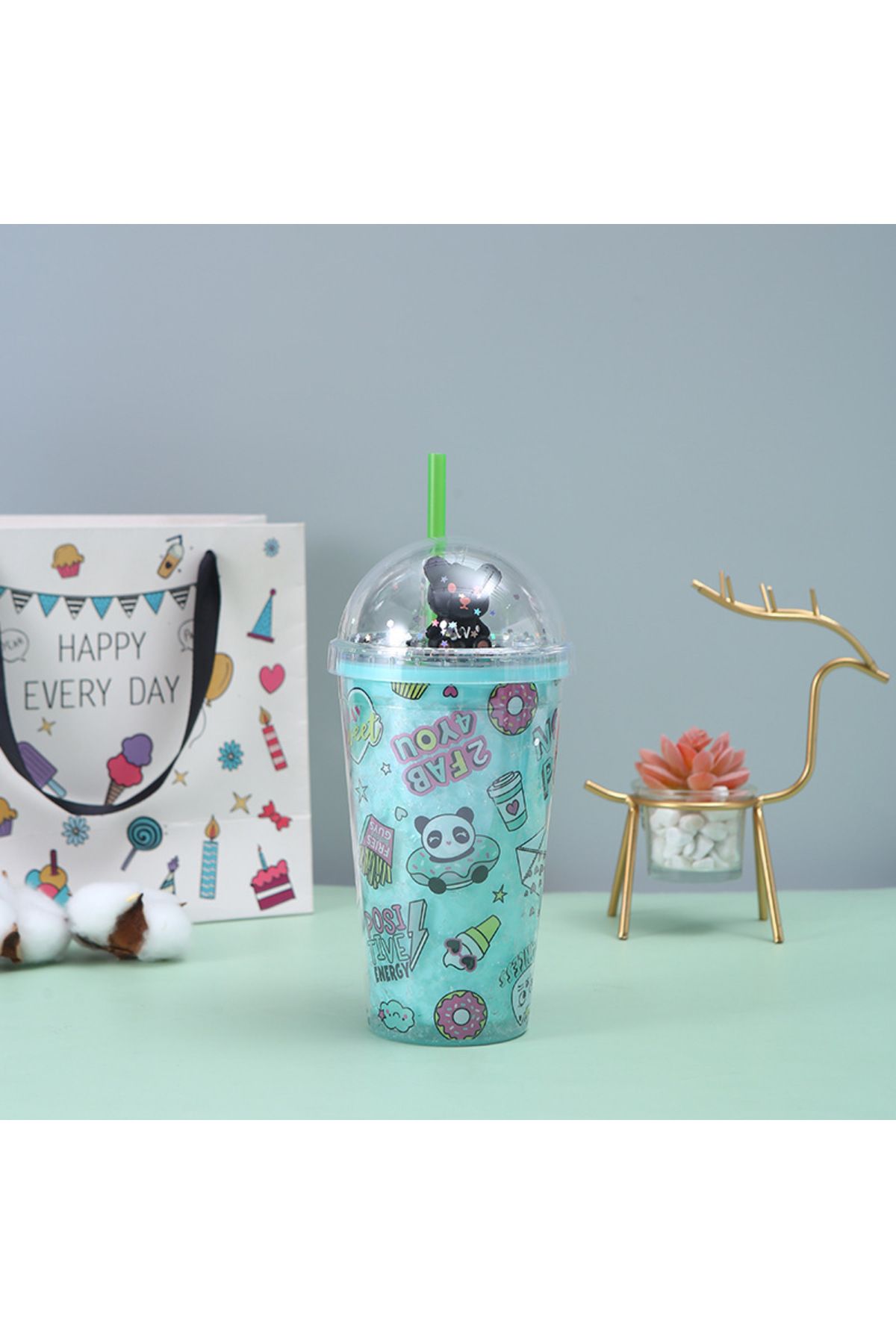 Livava Panda Işıklı ve Pipetli Bardak, 450 ml, Buzlu ve Kapaklı, Yeşil, 20x8