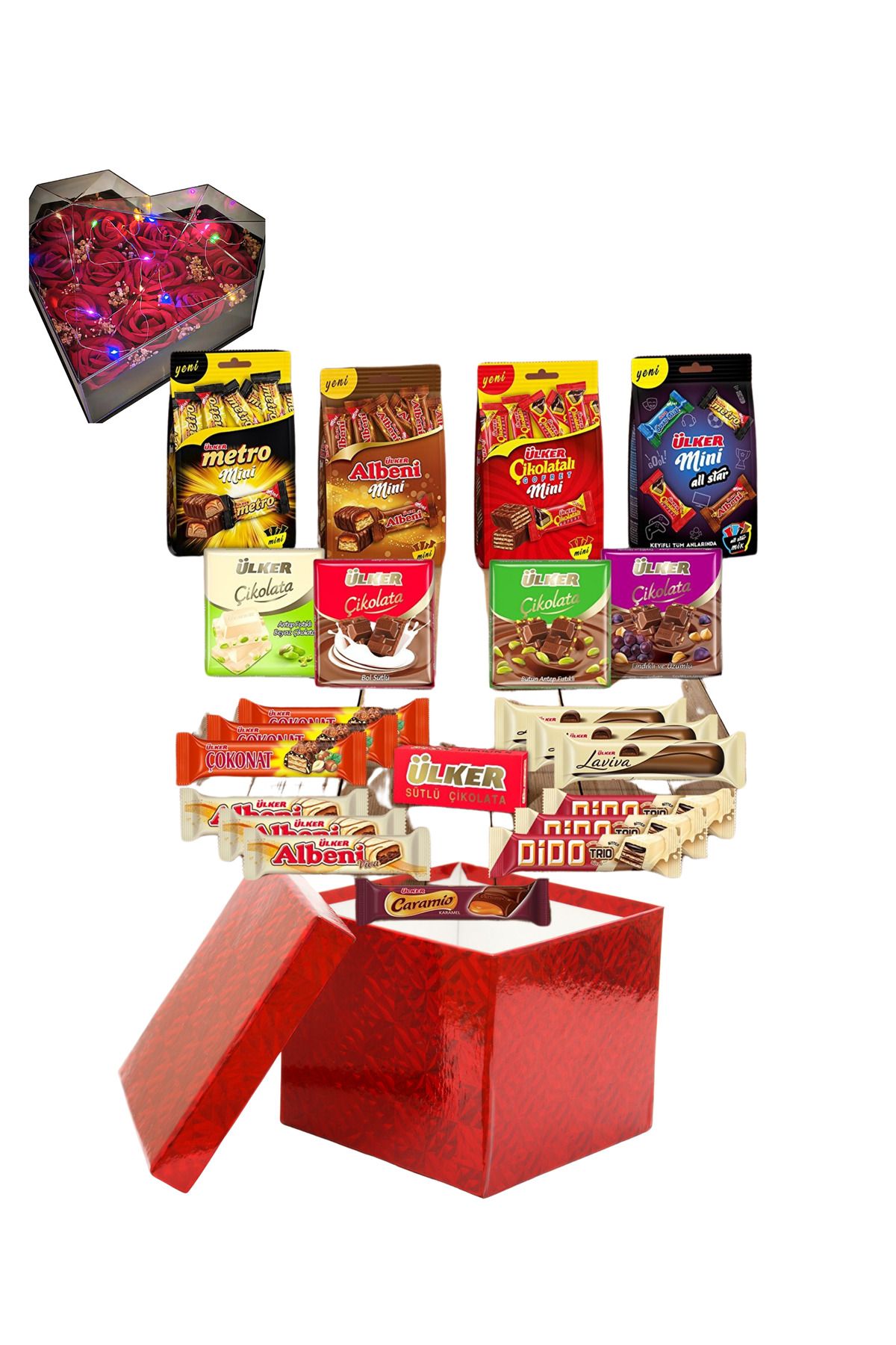 KibarGsmMarket HEDİYELİK EFSANE ALLSTAR ATIŞTIRMALIK PAKETİ & KALP KUTUDA LEDLİ GÜLBUKETİ