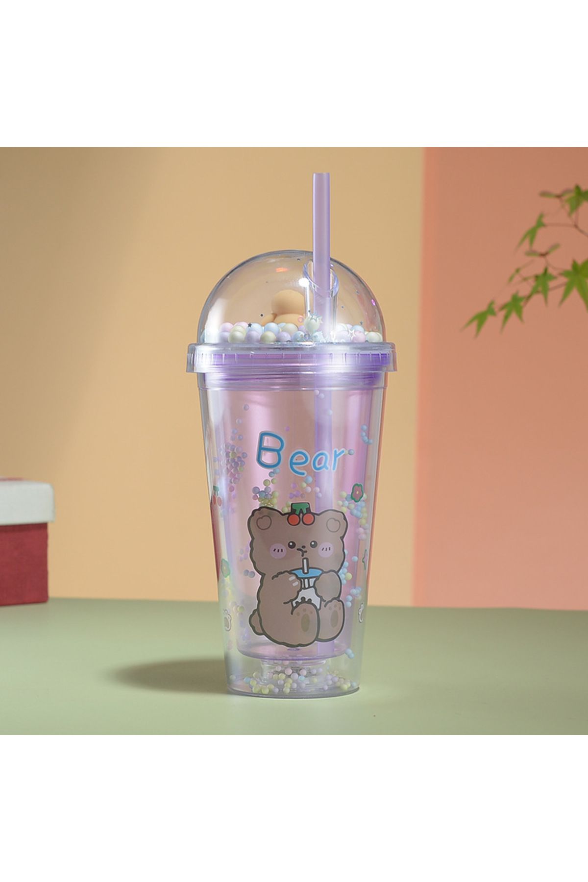 Livava Desenli Işıklı ve Pipetli Bardak, 450 ml, Boncuklu ve Kapaklı, Mor, 20x8