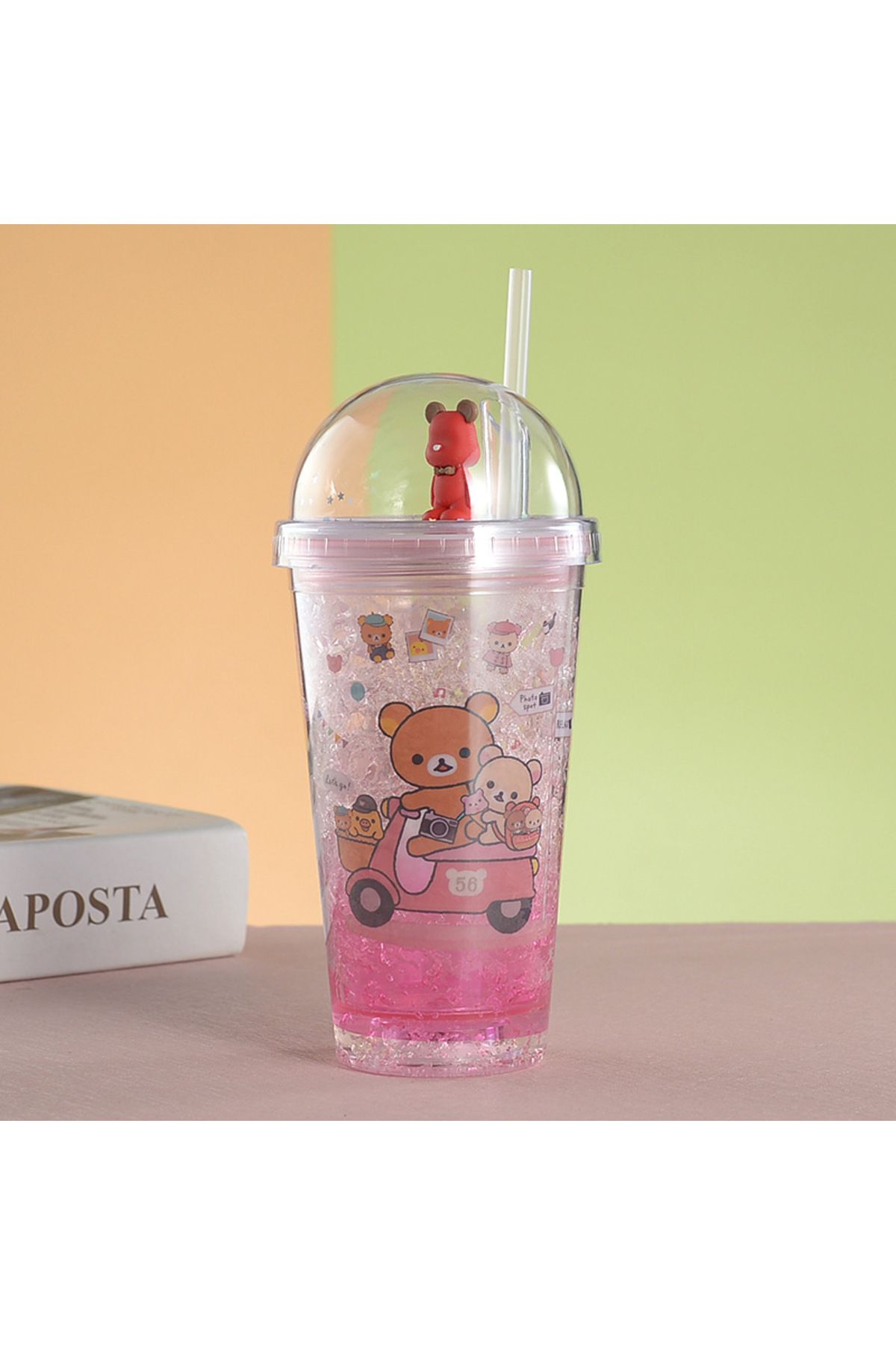 Livava Ayıcıklar Işıklı ve Pipetli Bardak, 450 ml, Buzlu ve Kapaklı, Pembe, 20x8