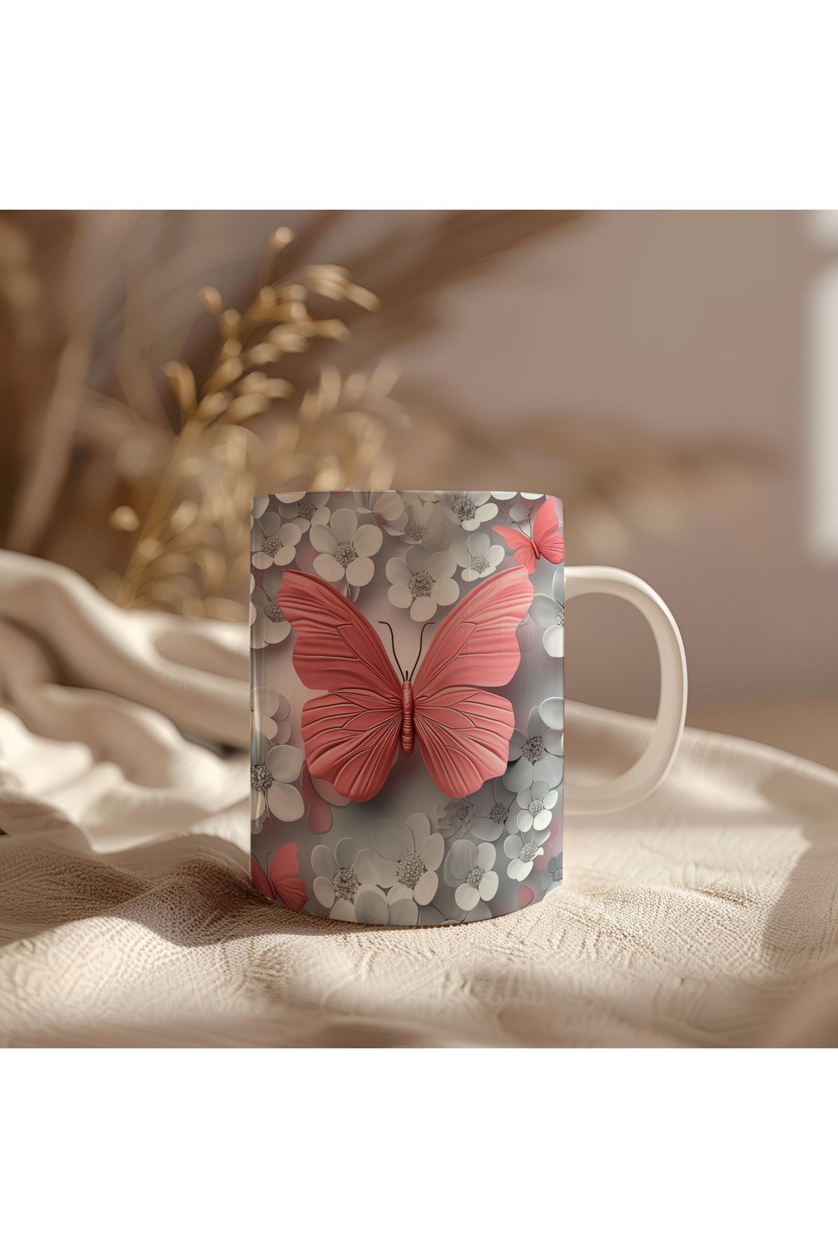 waspandhornet Kelebek ve Çiçek Desenli Kahve Fincanı