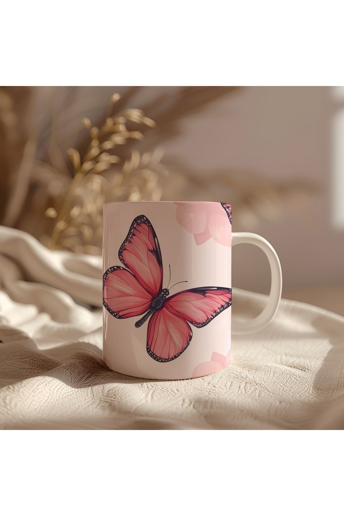 waspandhornet Pembe Kelebek Desenli Seramik Kupa