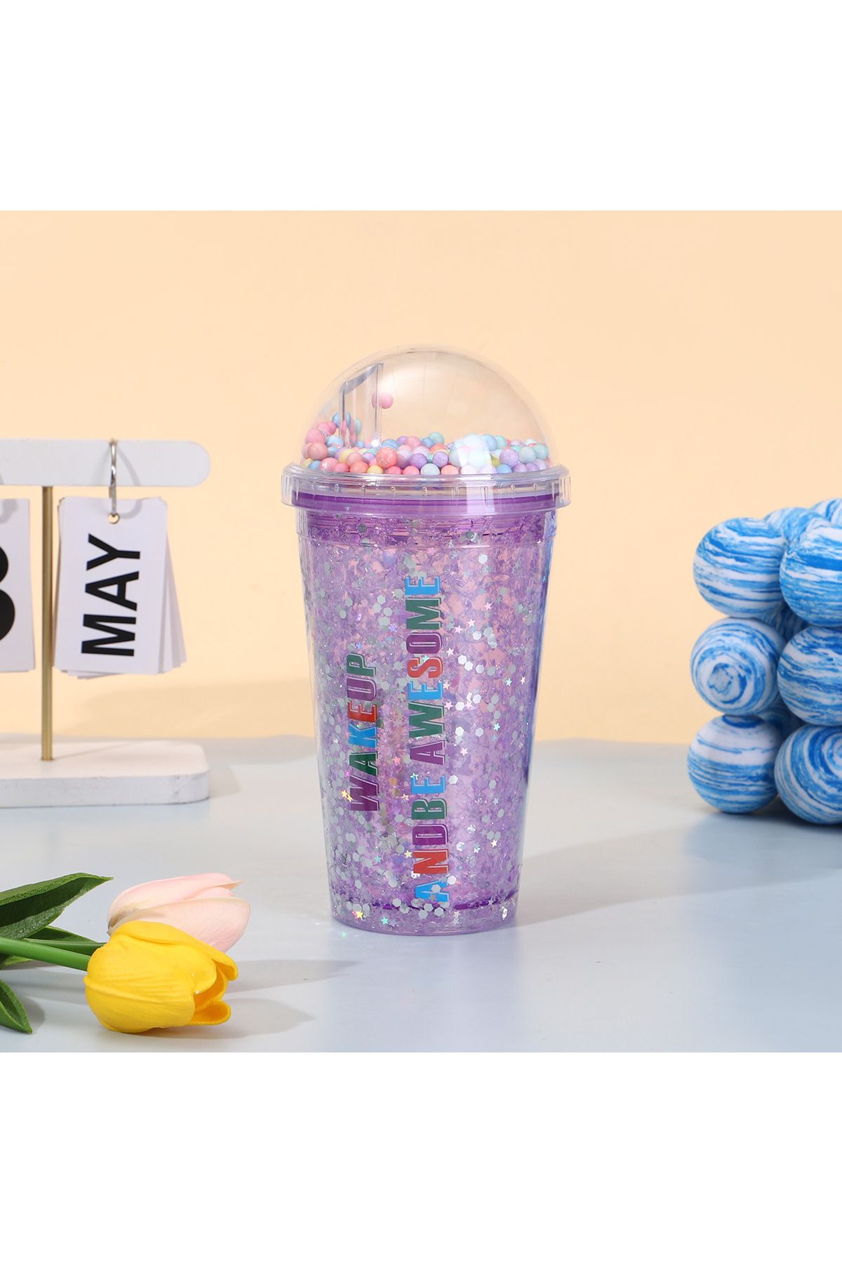 Livava Sloganlı Işıklı ve Pipetli Bardak, 450 ml, Buzlu ve Kapaklı, Mor, 20x8