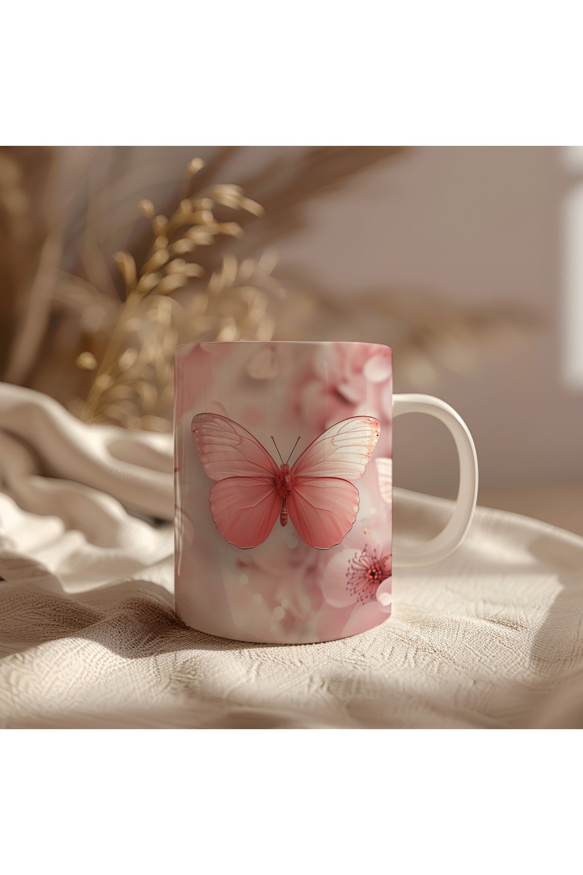 waspandhornet Pembe Kelebek Desenli Seramik Kupa