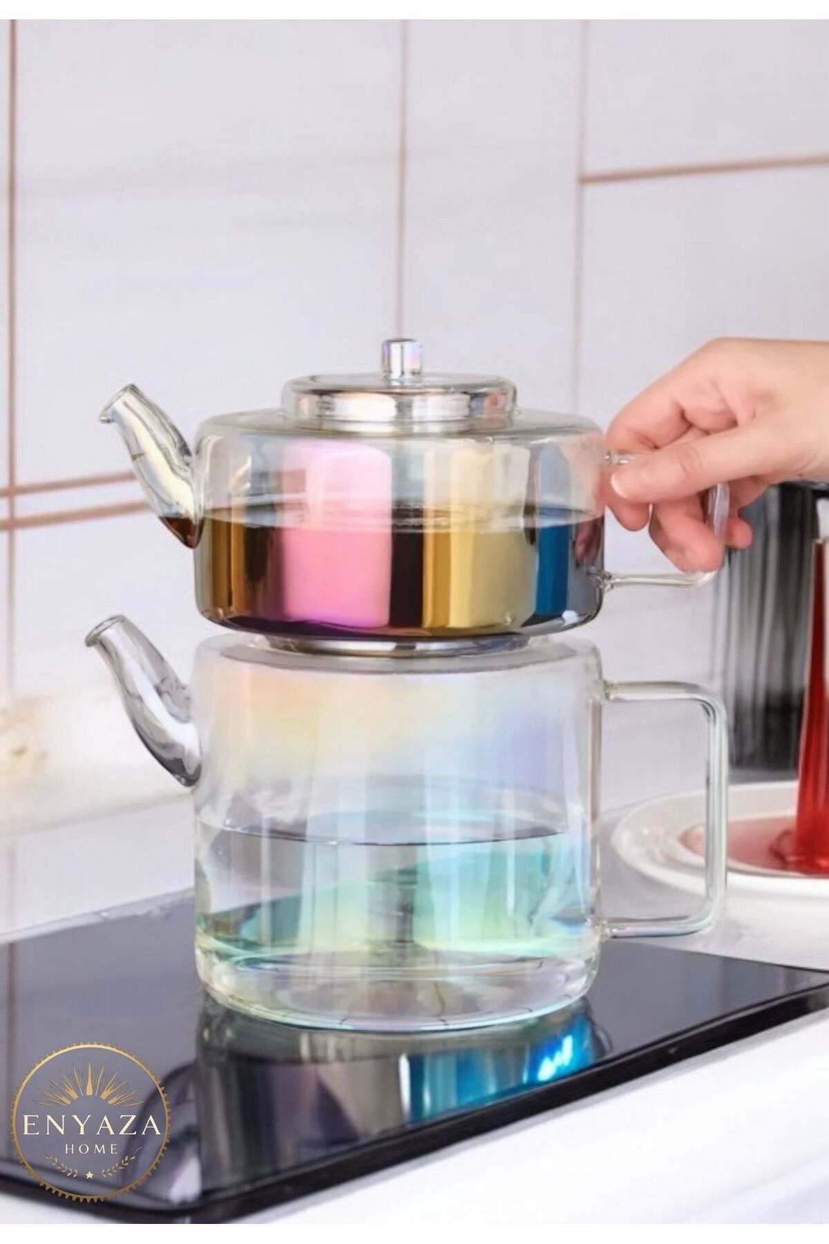 ENYAZA(2024) Borosilikat Cam Çaydanlık Seti Renkli ''1100 ml-1800 ml'' Şeffaf/Renkli