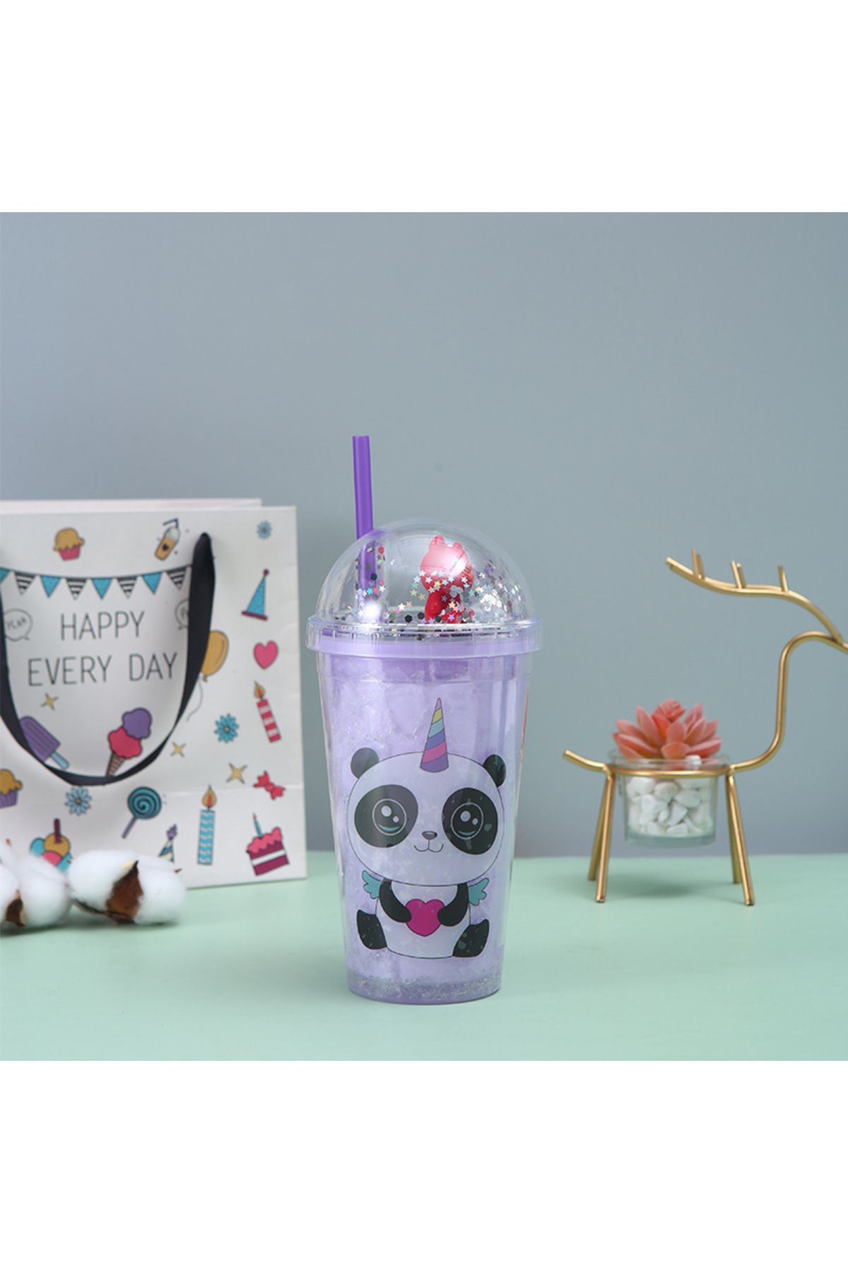Livava Panda Işıklı ve Pipetli Bardak, 450 ml, Buzlu ve Kapaklı, Mor, 20x8