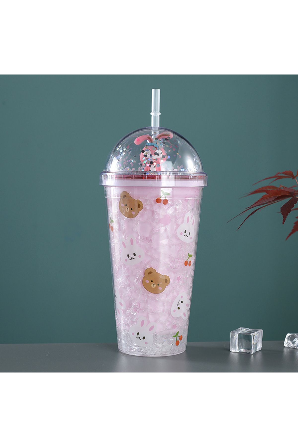 Livava Tavşan Işıklı ve Pipetli Bardak, 450 ml, Buzlu ve Kapaklı, Pembe, 20x8