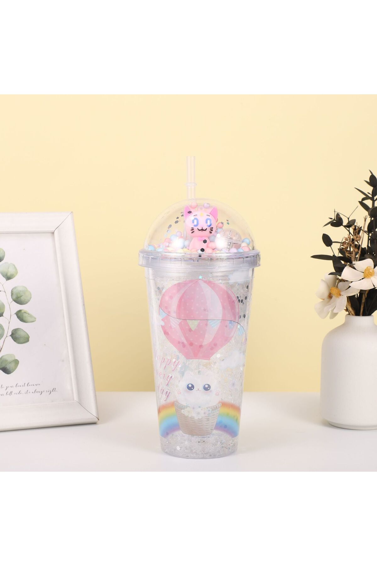 Livava Balonlu Kedi Işıklı ve Pipetli Bardak, 450 ml, Buzlu ve Kapaklı, Renkli, 20x8