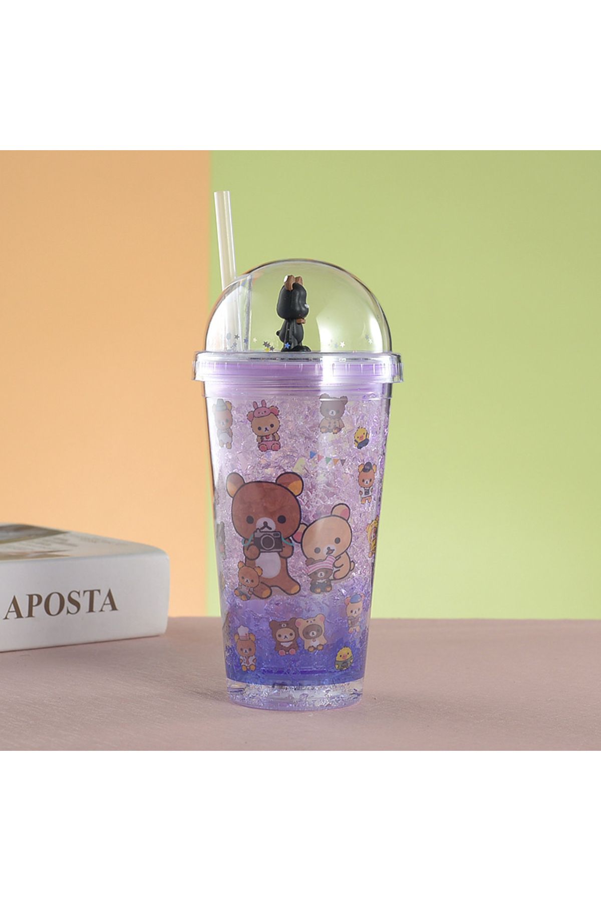 Livava Ayıcıklar Işıklı ve Pipetli Bardak, 450 ml, Buzlu ve Kapaklı, Mor, 20x8
