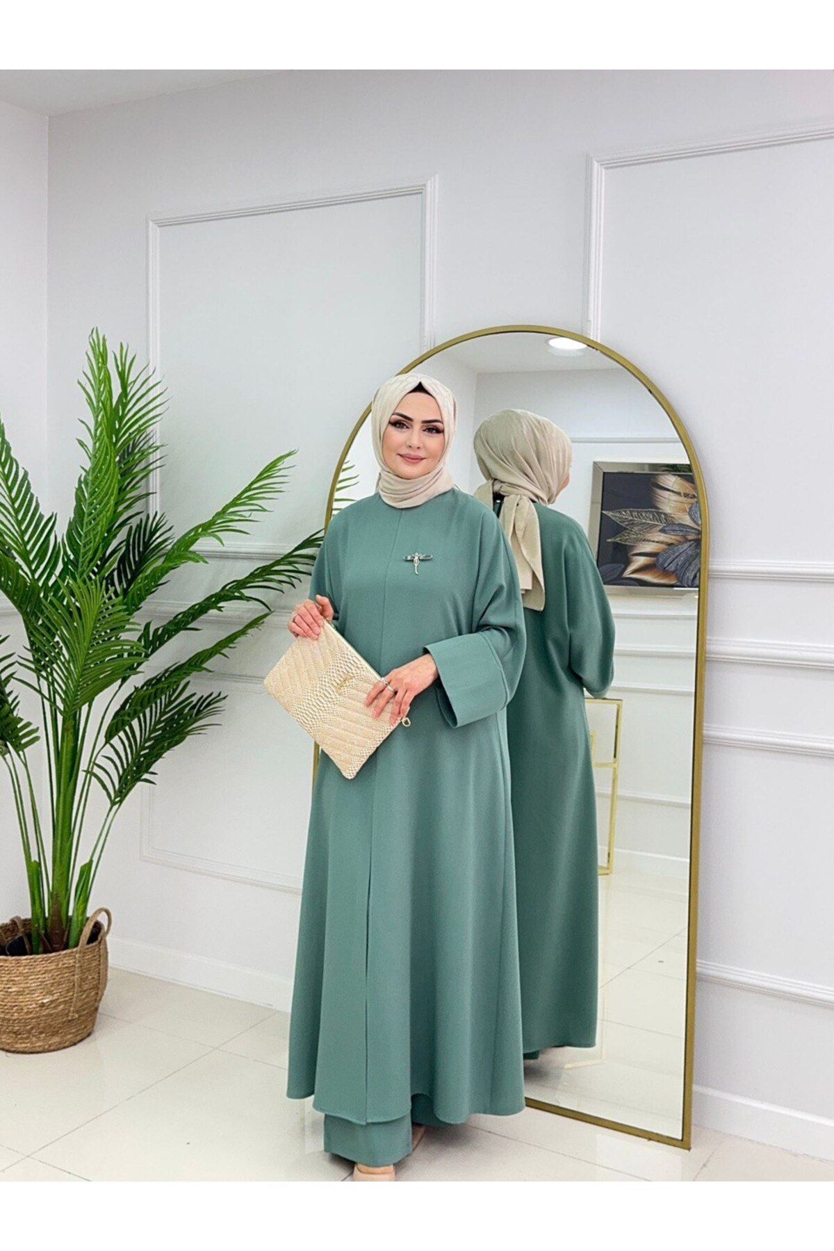 Enans Design Kadın Tesettür 2'Li Takım Ferace Formunda Tunik & Pantolon