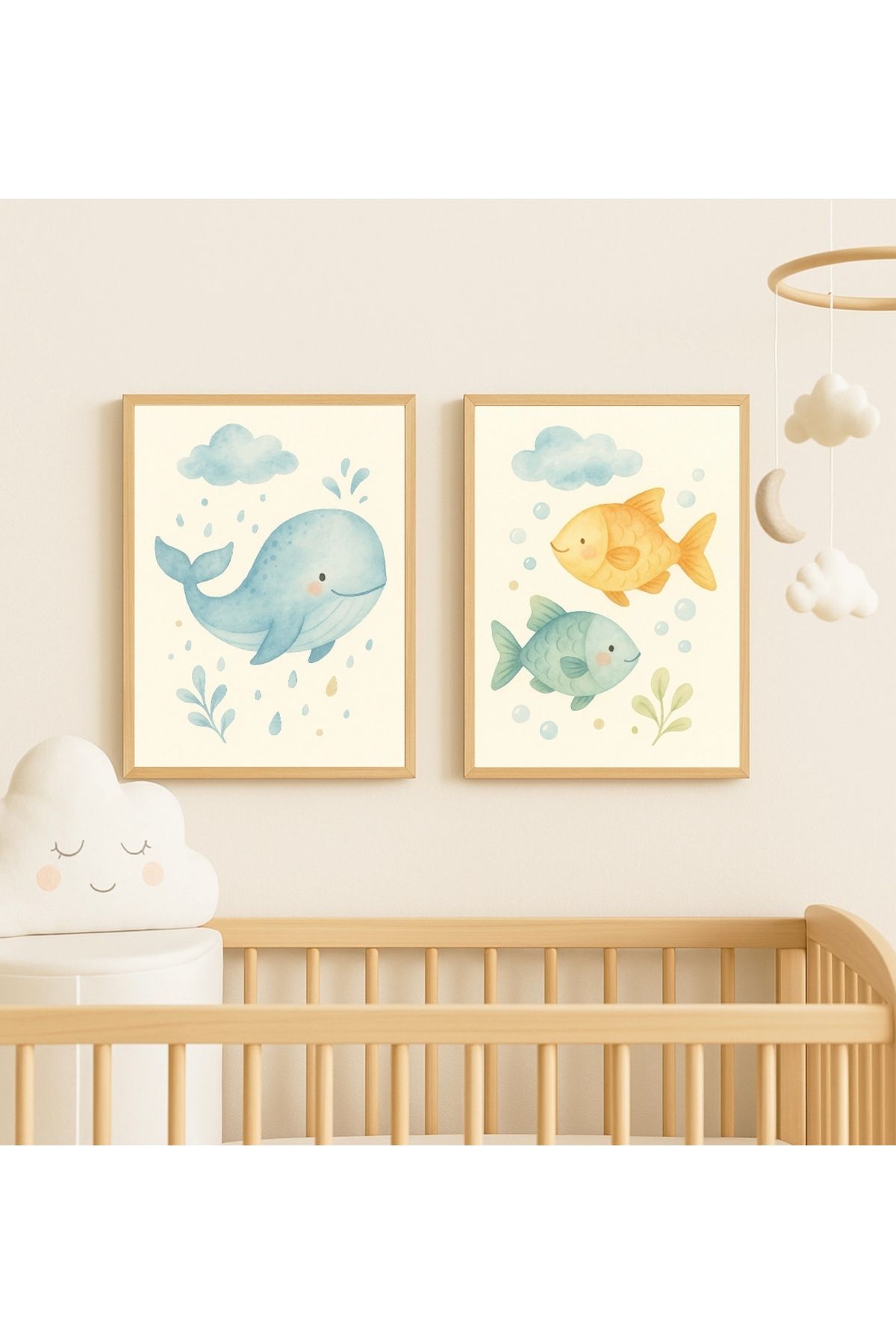 For Art Atölye Ocean Friends Sevimli Balina ve Balık Temalı Ahşap Çerçeveli 2’li Çocuk be Bebek Odası Tablo Seti