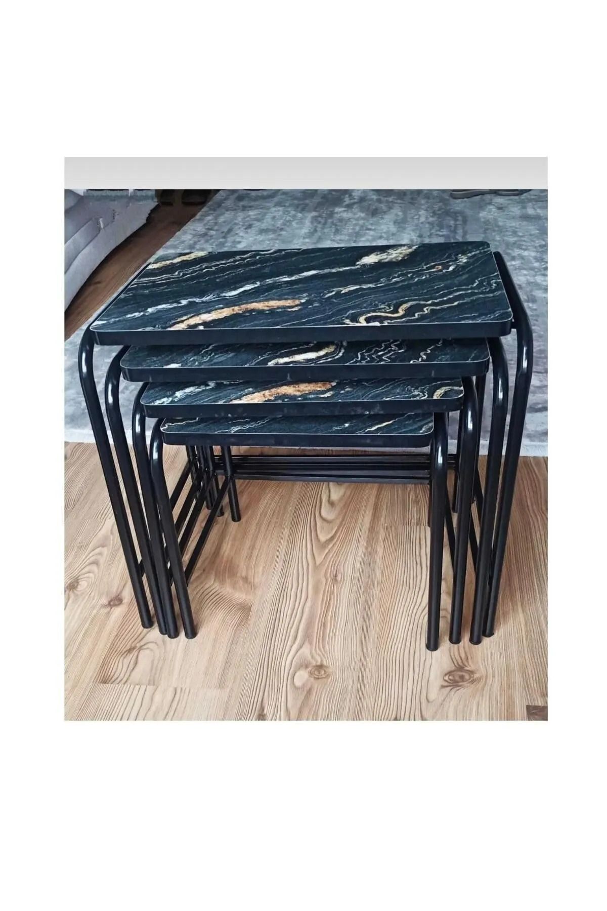 Can Vista Home Parlak Siyah 4'lü Zigon Sehpa Metal Statik Siyah Ayaklı